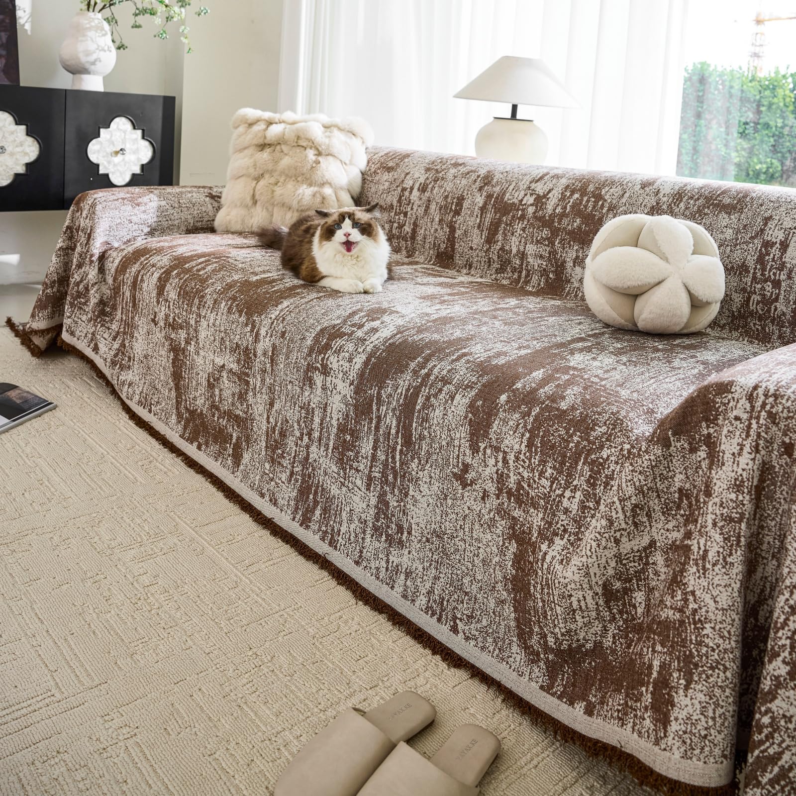 TAOTAOGO Linen Feel Chenille Sofa Cover for 3-4 Seater Couch, Breathable Washable Pet-Friendly Furniture Protector, All-Season Soft Slipcover D-Chocolate 180x380cm โ image 1