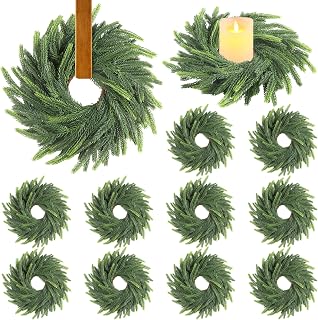 Aneco 12 Pieces Christmas Candle Ring Wreath with Ribbon Mini Wreaths Outer Diameter 6 Inch Artificial Norfolk Green Pine Wreath Garland Candlestick for Xmas Wedding Decor Home Table Centerpiece
