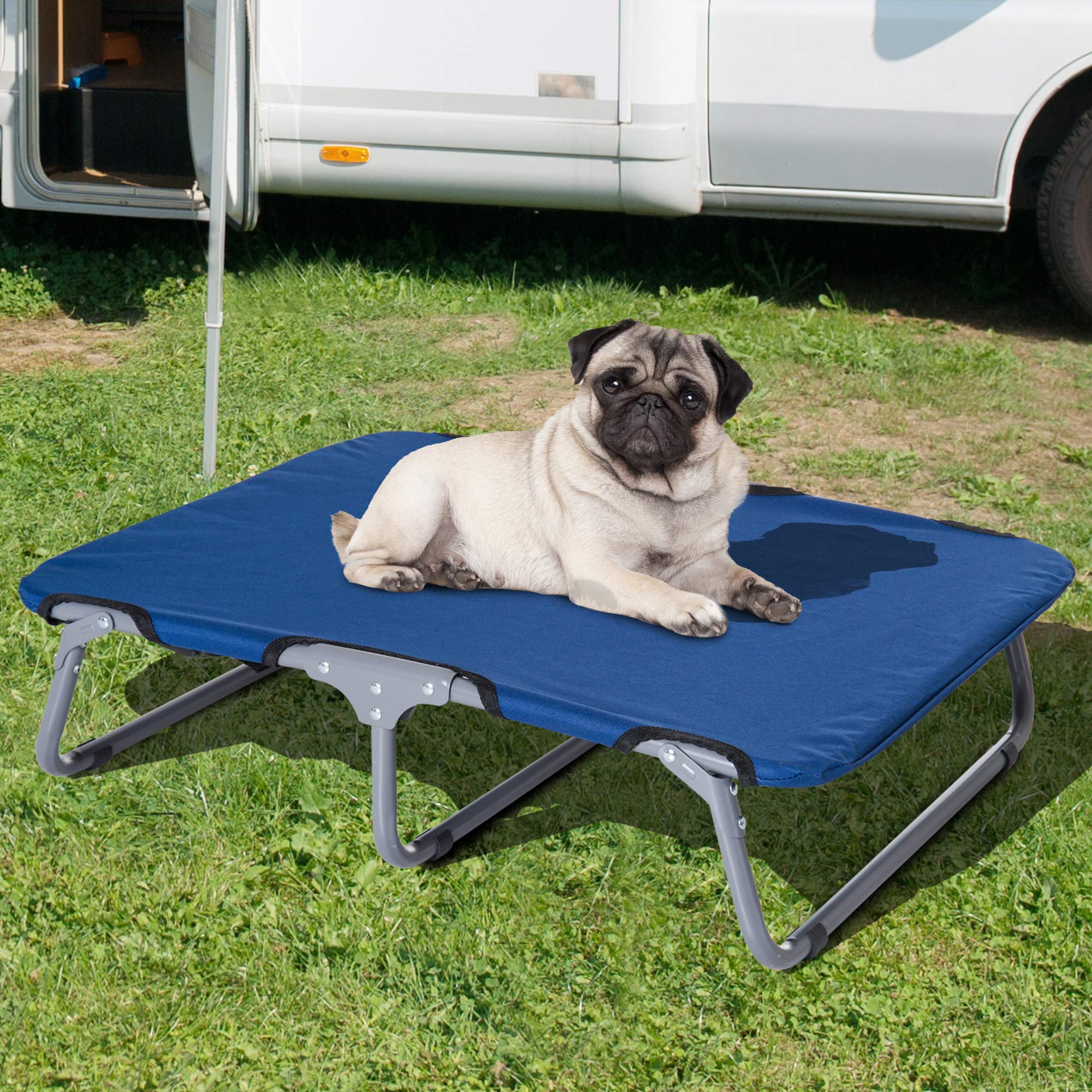 PawHut Cama de Mascota Elevada y Plegable Cama de Perro Gato Apto Interior Exterior Viaje Acero y Tela Oxford 71x58x18cm
