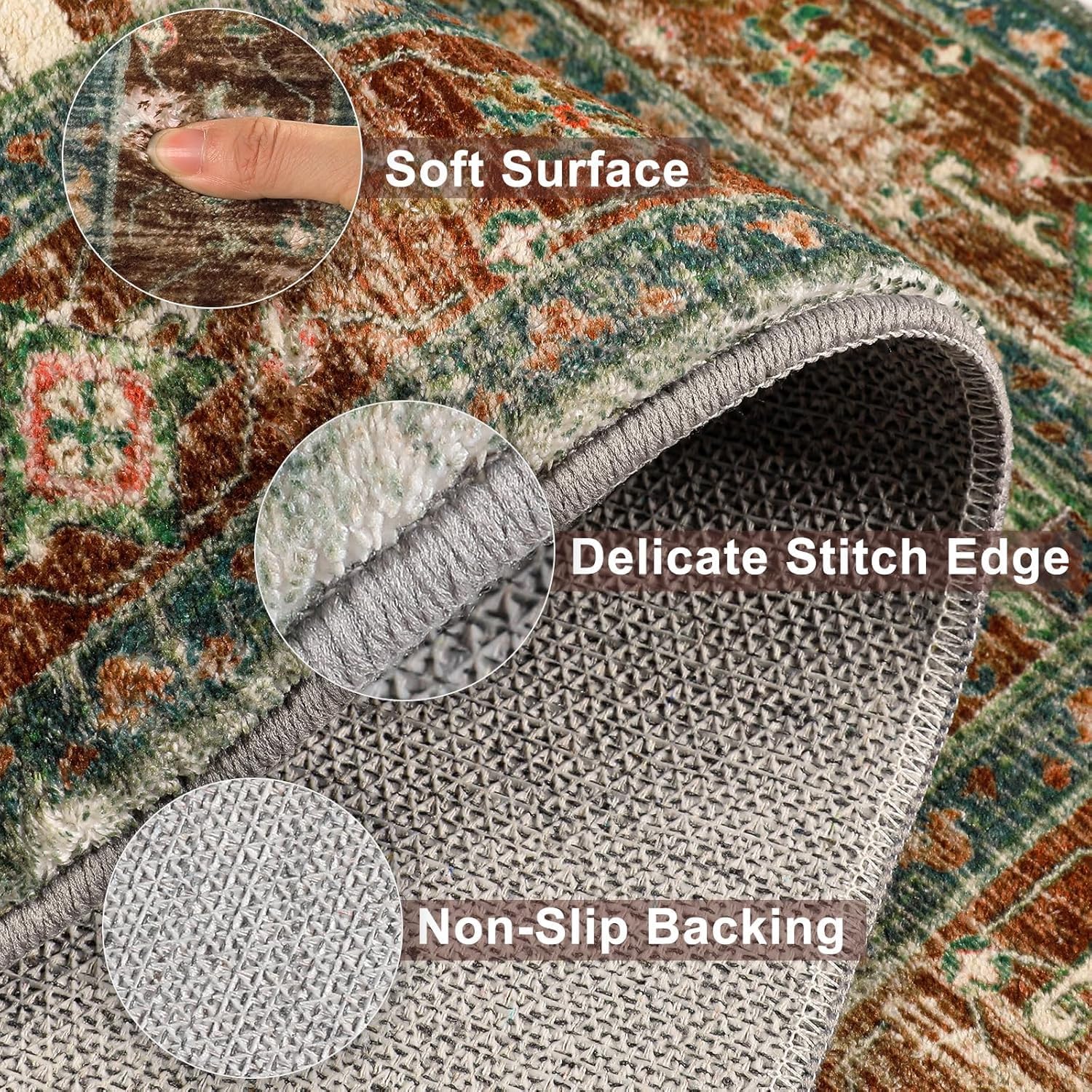 Yamaziot Washable Kitchen Runner Rug Set of 3, Non-Slip Boho Vintage Hallway Rug Runner with Rubber Backing, Stain Resistant & Low Pile Distressed Carpet Runner for Bedroom, Kitchen, Laundry, Entrance