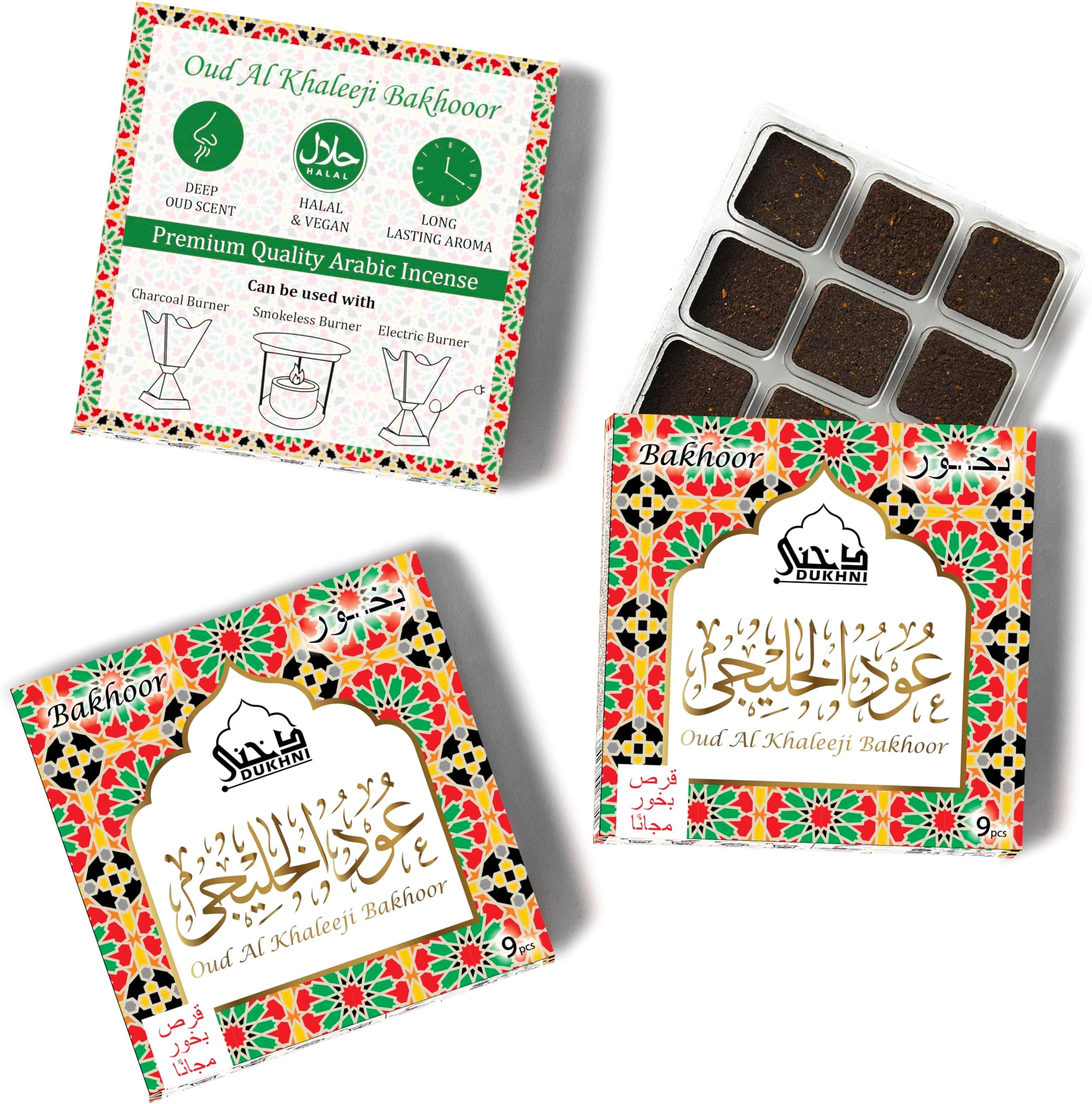 Oud Al Khaleeji Bakhoor by Dukhni | 3 Boxes x 9 Piece Each | Arabic Bakhoor Incense | Deep Oud Blend | Perfect for Prayer Time | to Relax & Meditate | Handmade Traditional Recipe