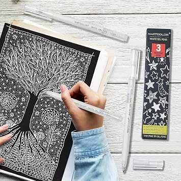 MARTCOLOR White Gel Pens, 1mm Fine Point Gel Ink Pen Opaque Archival Ink Pens for Black Paper Drawing, Sketching, Illustration, Card Making, Bullet Journaling, 3 Pack