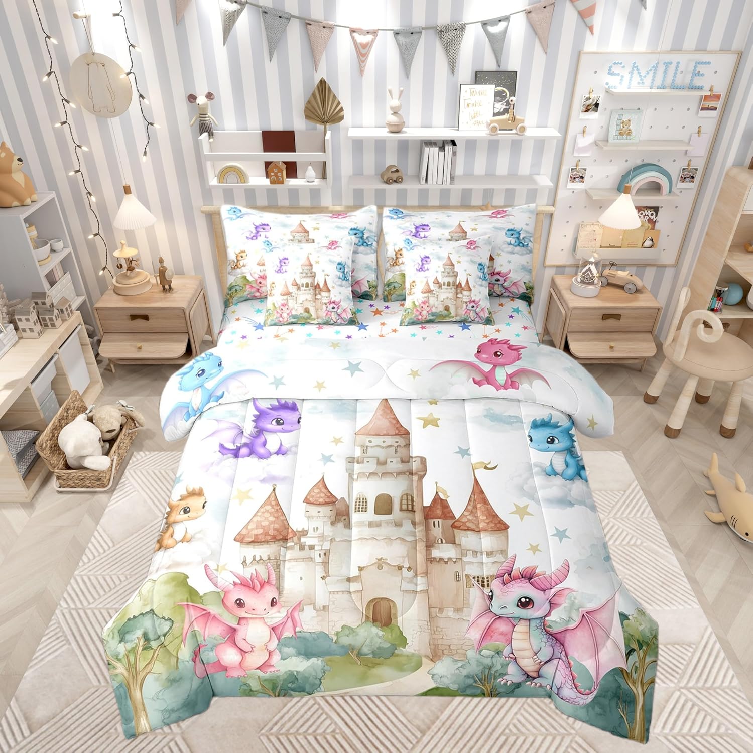 Dragon Castle Full Comforter Set with Sheets Bed in a Bag 7 Pcs,Dreamy Cartoon Princess Bed Set,Watercolor Dragon Stars Bedding Sets with Comforter,Flat,Fitted Sheet,Pillowcases,Pillow Covers