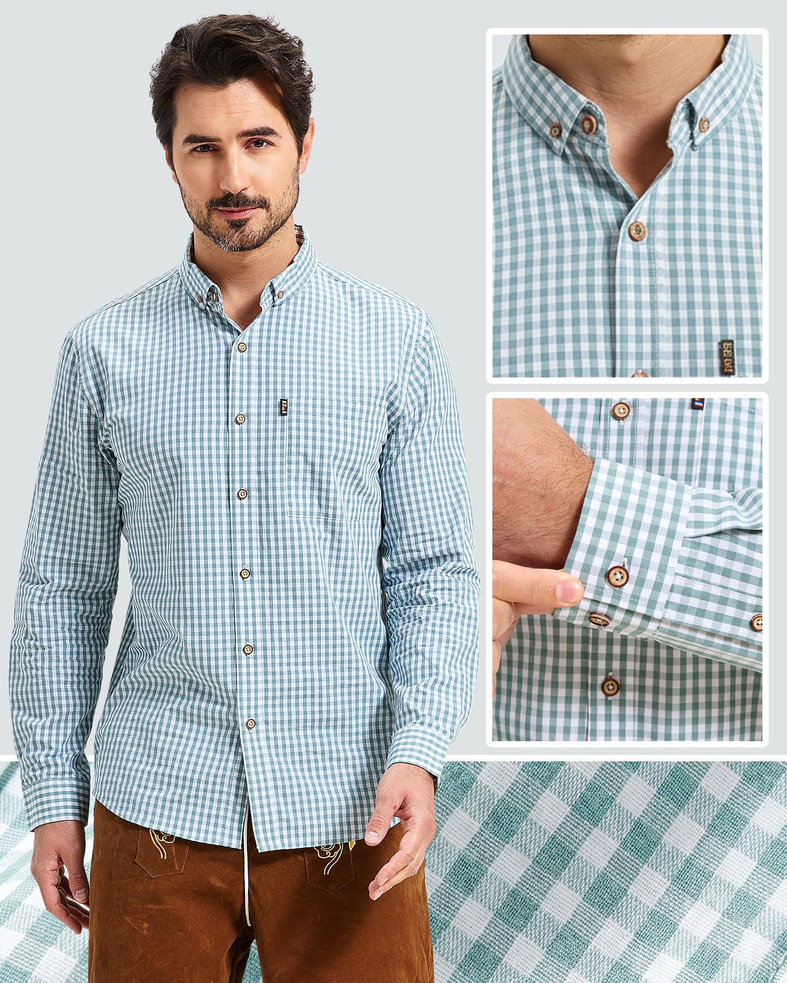 Trachtenhemd Herren Oktoberfest Kariertes Hemd Langarm Baumwolle Traditionell Freizeithemd Comfort Fit in Rot Grün Blau XS-3XL
