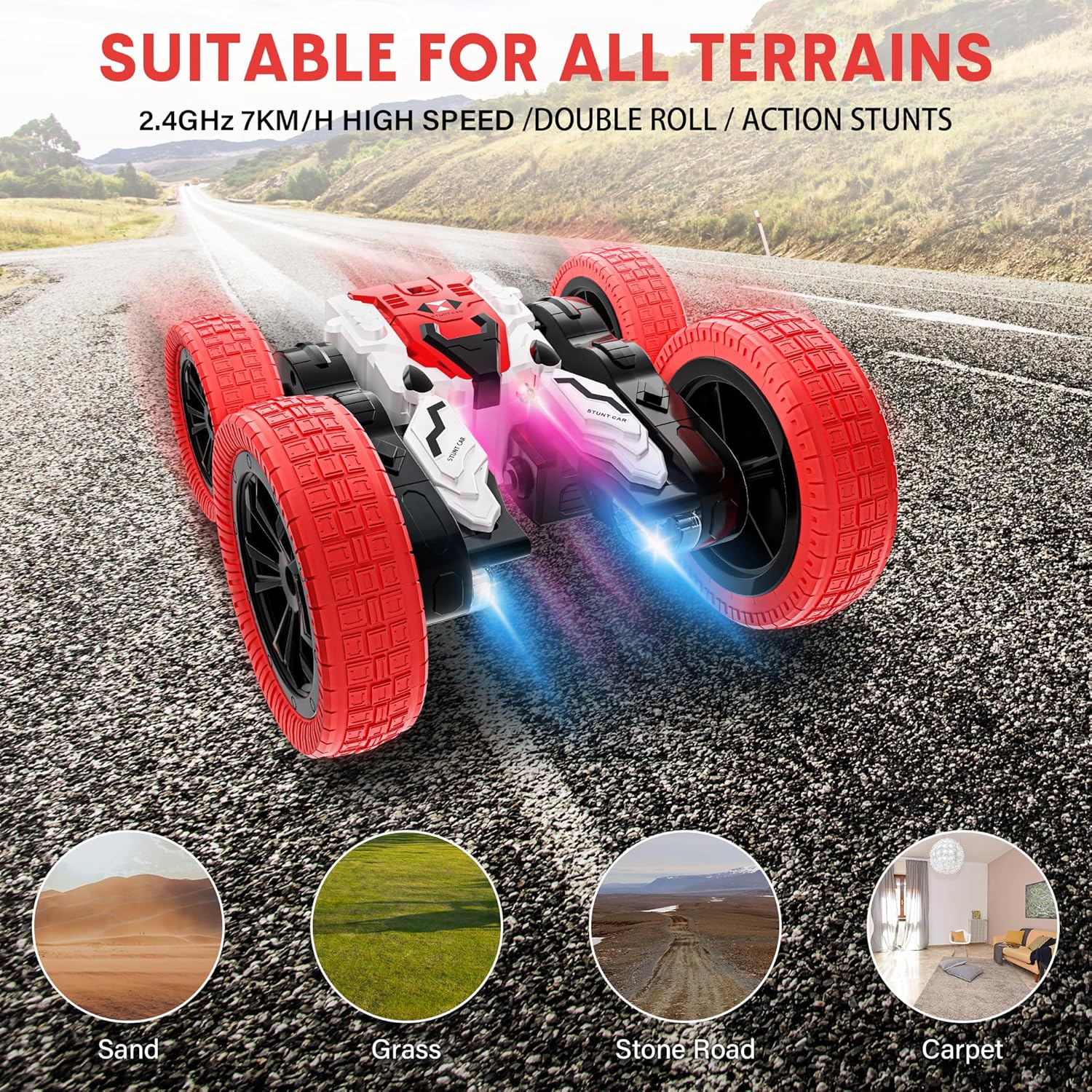 Double Sided RC Car, 4WD Off-Road Stunt Car with 360 Flips, 2.4Ghz Indoor/Outdoor All Terrain Rechargeable Electric Toy Car for Kids 3+ Red image 6 of 7 B08SVPRYWJ