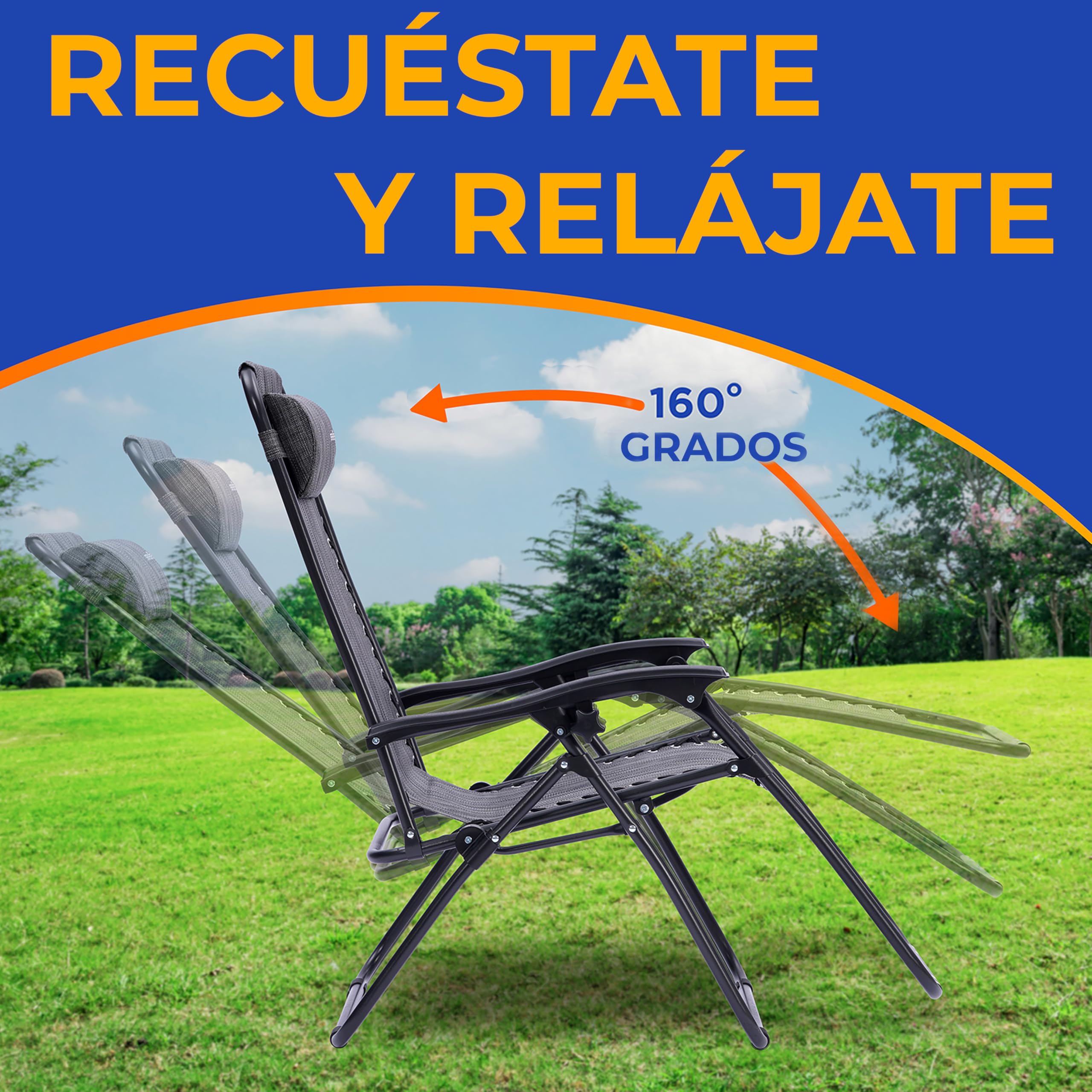 SereneLife sillas reclinables de Exterior, Set de 2, Tumbonas de Malla de Acero, con Almohada Desmontable, Portavasos, Plegables, Ajustables, Portatiles, Zero Gravity, Camping, Patio, Piscina o Playa