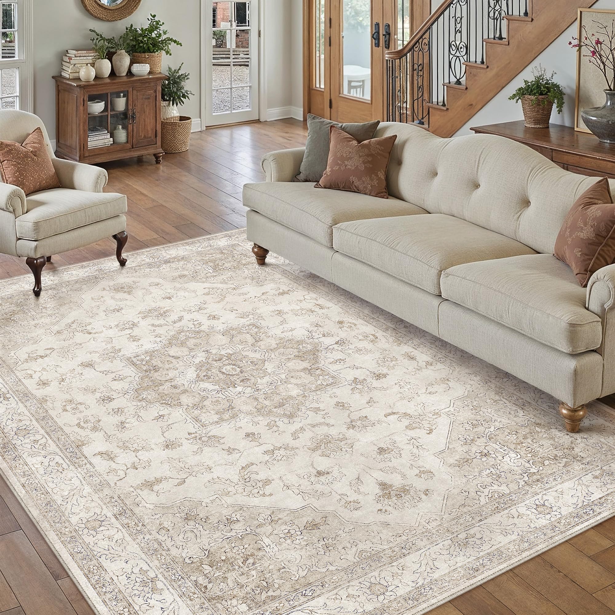 purecozy beige area rug 6x9 washable vintage carpet for living room bedroom large soft retro low pile thin indoor rug non slip oriental medallion floor cover for dining room office