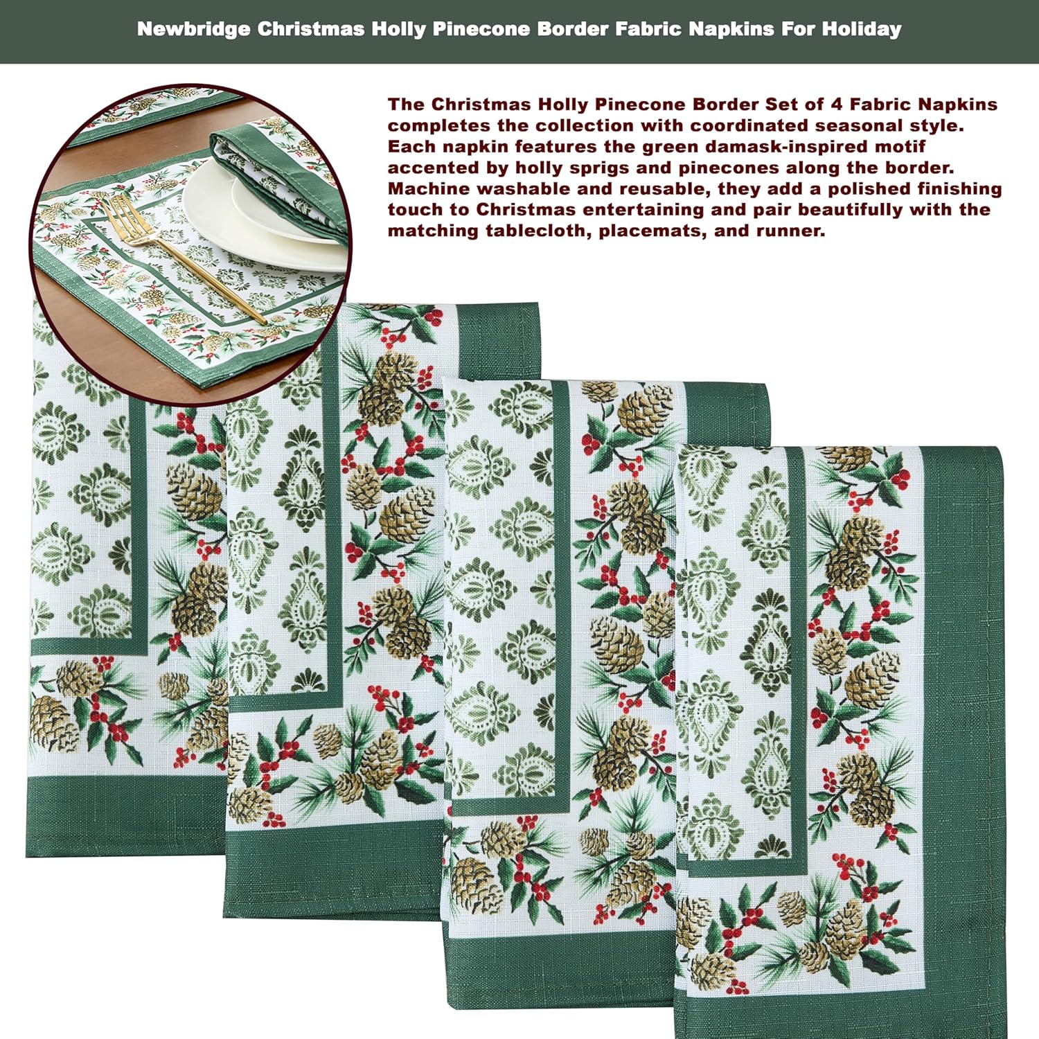Newbridge Christmas Holly Pinecone Border 60 x 84 Inch Oval Fabric Tablecloth, Holiday Hunter Green Border on White Background Fabric Table Cover for Dinner Party and Banquet