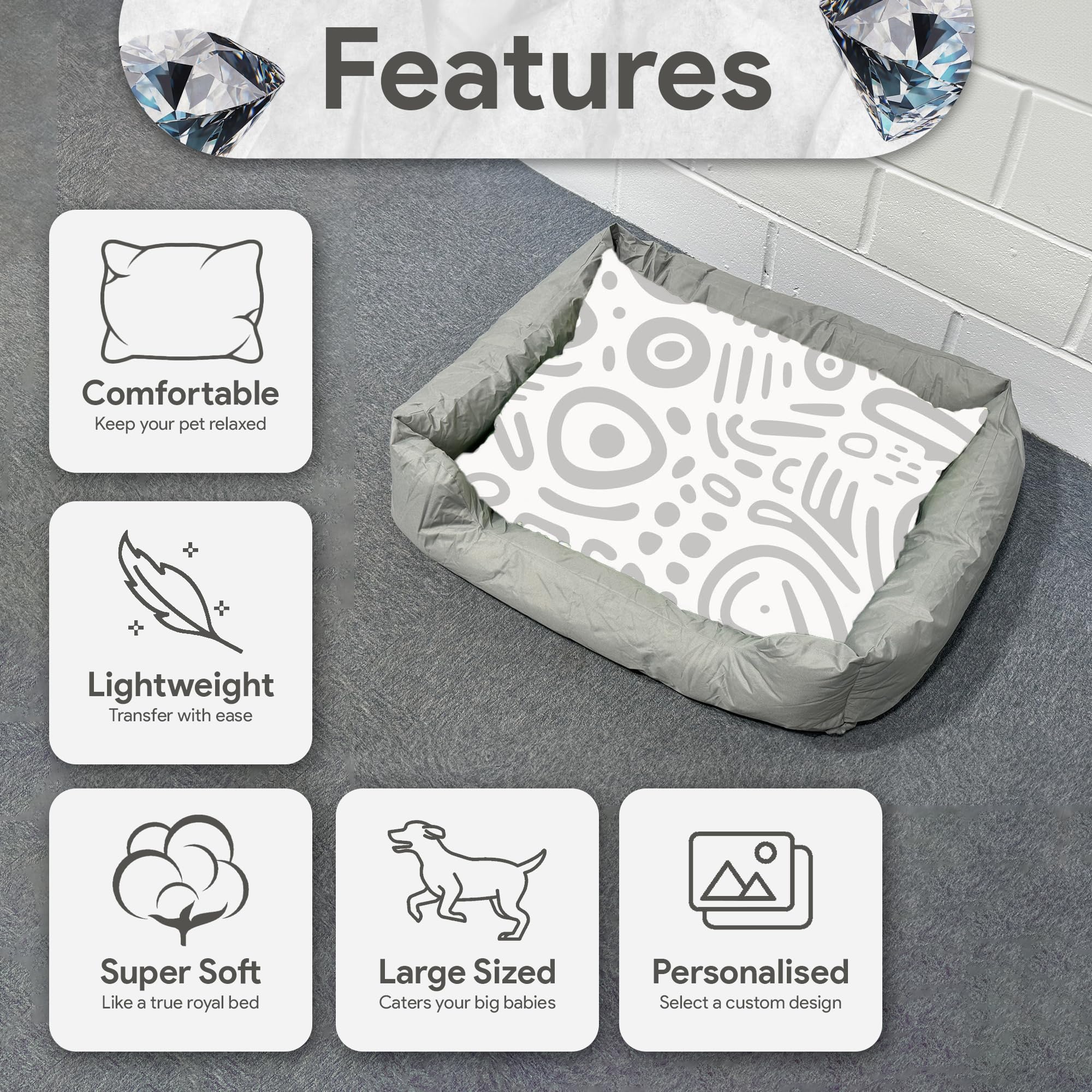 TheDogTagCo Cama grande personalizada para perros con almohada, cama de espuma viscoelástica personalizada para perro con funda impermeable lavable para mayor comodidad y suavidad para tu cachorro