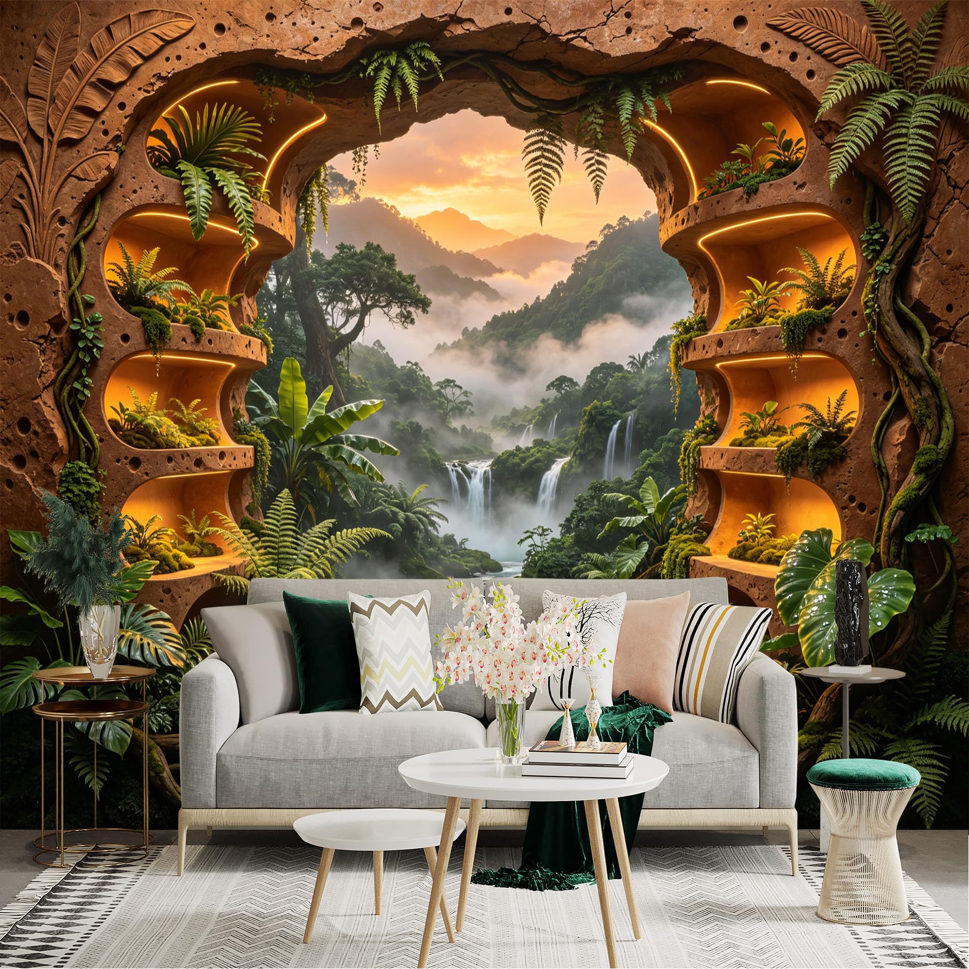 Custom Size Wall Sticker Mural， Tropical Jungle Waterfalls with Misty Mountains and Lush Green Plants， for wall Decoration， peelandstick wall Decals.