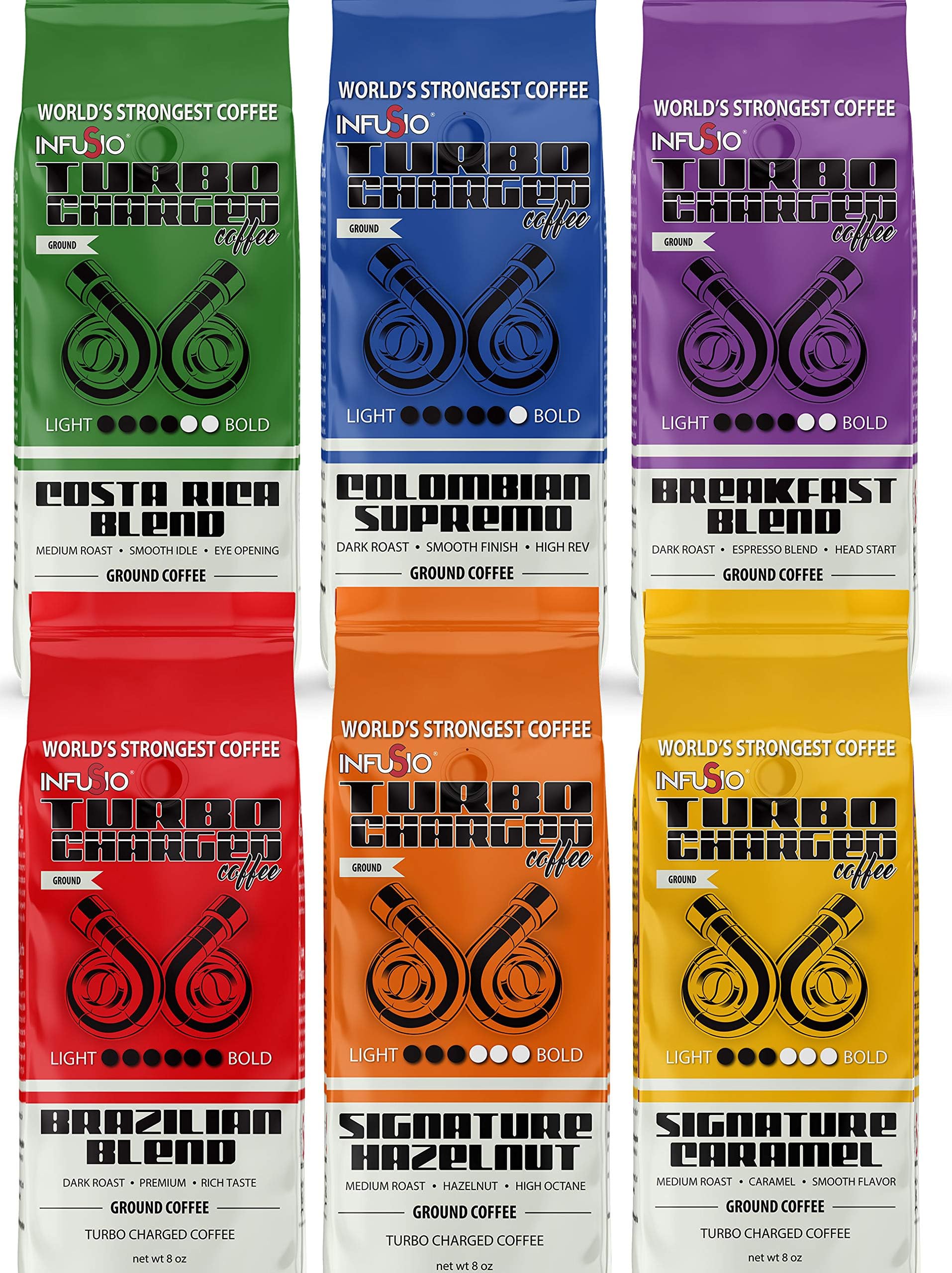3lb Variety Pack (Six 8oz Bags) - High Caffeine Ground Coffee Sampler Pack - InfuSio Turbo Charged Premium Coffee (Brazil/Costa Rica/Colombia/Breakfast/Hazelnut/Caramel)