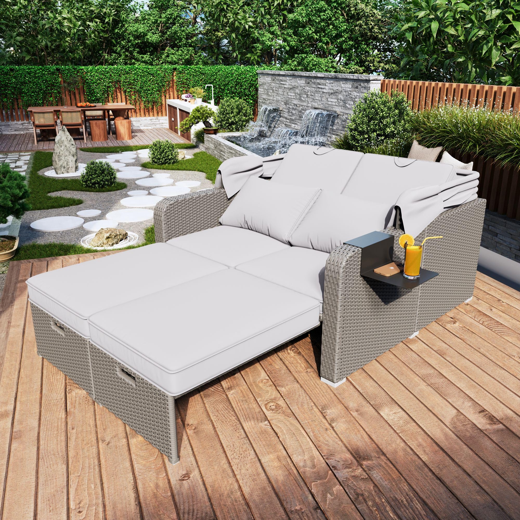Muebles de jardín de polirratán para 2 personas, sofá de salón con toldo extraíble, sofá convertible en cama, para playa, jardín, fácil de montar (caqui)