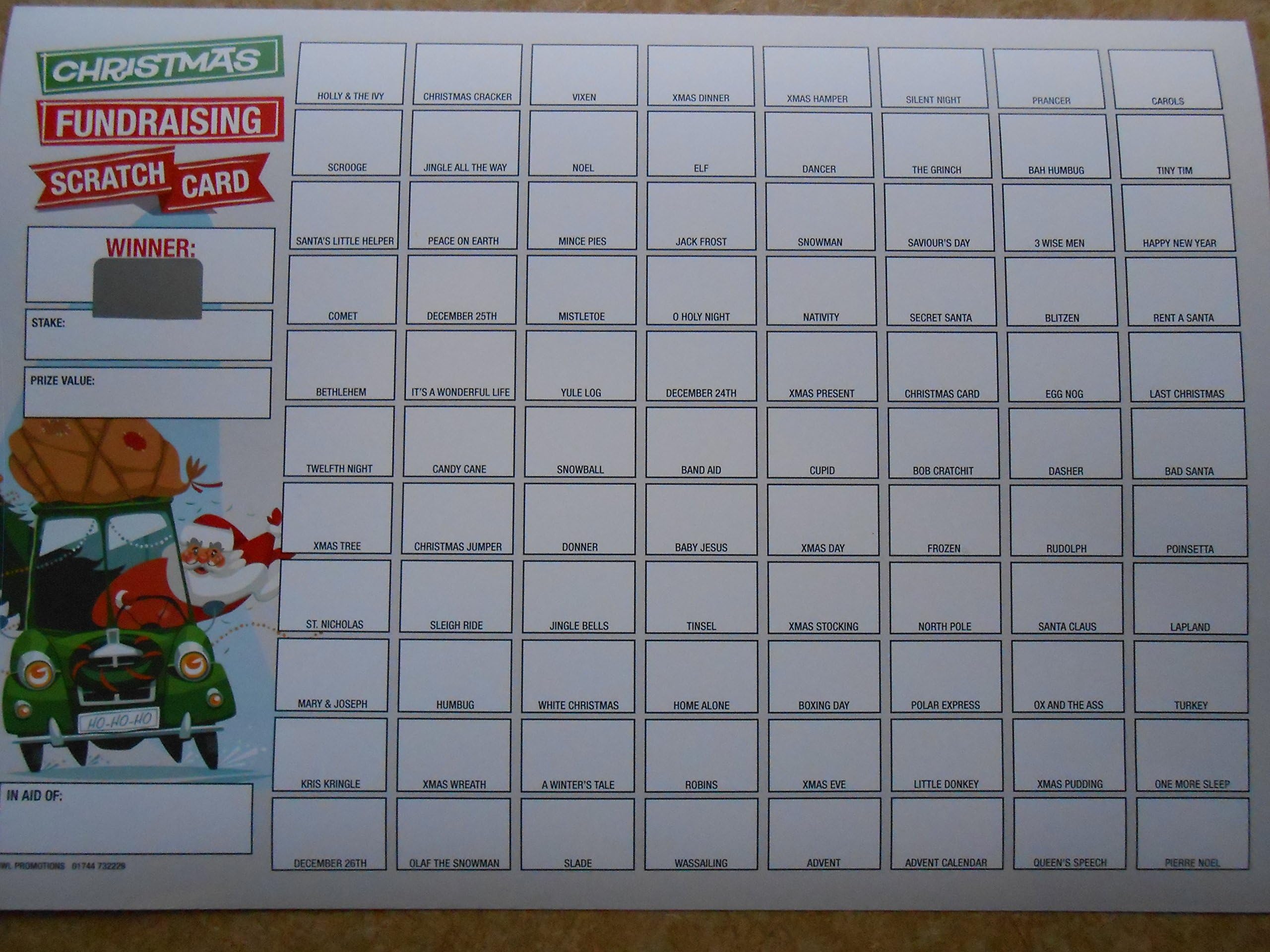 CHRISTMAS FUNDRAISING SCRATCH CARD 88 SPACES= ONE CARD RAISE £44