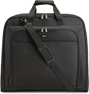Amazon Basics 109.2cm Premium Garment Bag for Travel, Suit Bag with Shoulder Strap for Suits and Dresses,Polyester Fabric, Exterior/Interior Pockets,Imitation leather-reinforced Corners,Trifold, Black