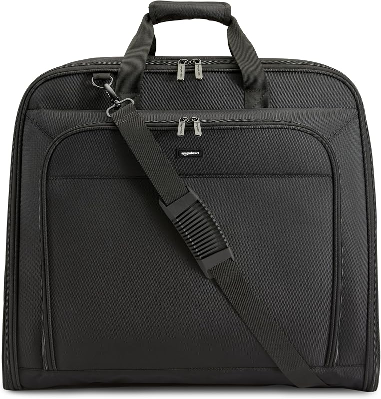 Bolsa de viaje para ropa de 43", bolsa para traje espaciosa con correa para el hombro desmontable, bolsillos exteriores/interiores, esquinas reforzadas con piel sintética, tríptico, negro