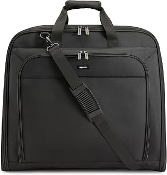 Amazon Basics 43" Travel Garment Bag Travel, Spacious Suit Bag with Detachable Shoulder Strap, Exterior/Interior Pockets, Imitation leather-reinforced Corners, Trifold, Black