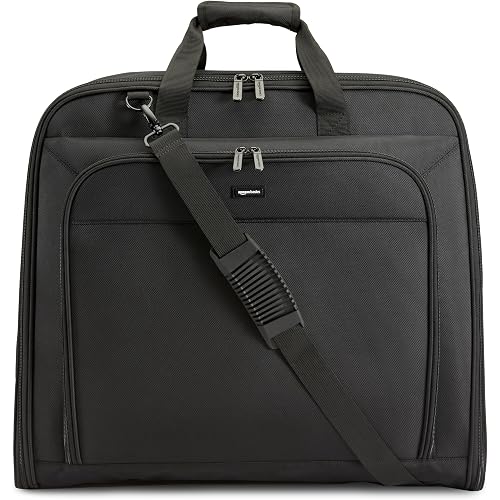 Amazon Basics 43" Travel Garment Bag Travel, Spacious Suit Bag with Detachable Shoulder Strap, Exterior/Interior Pockets, Imitation leather-reinforced Corners, Trifold, Black