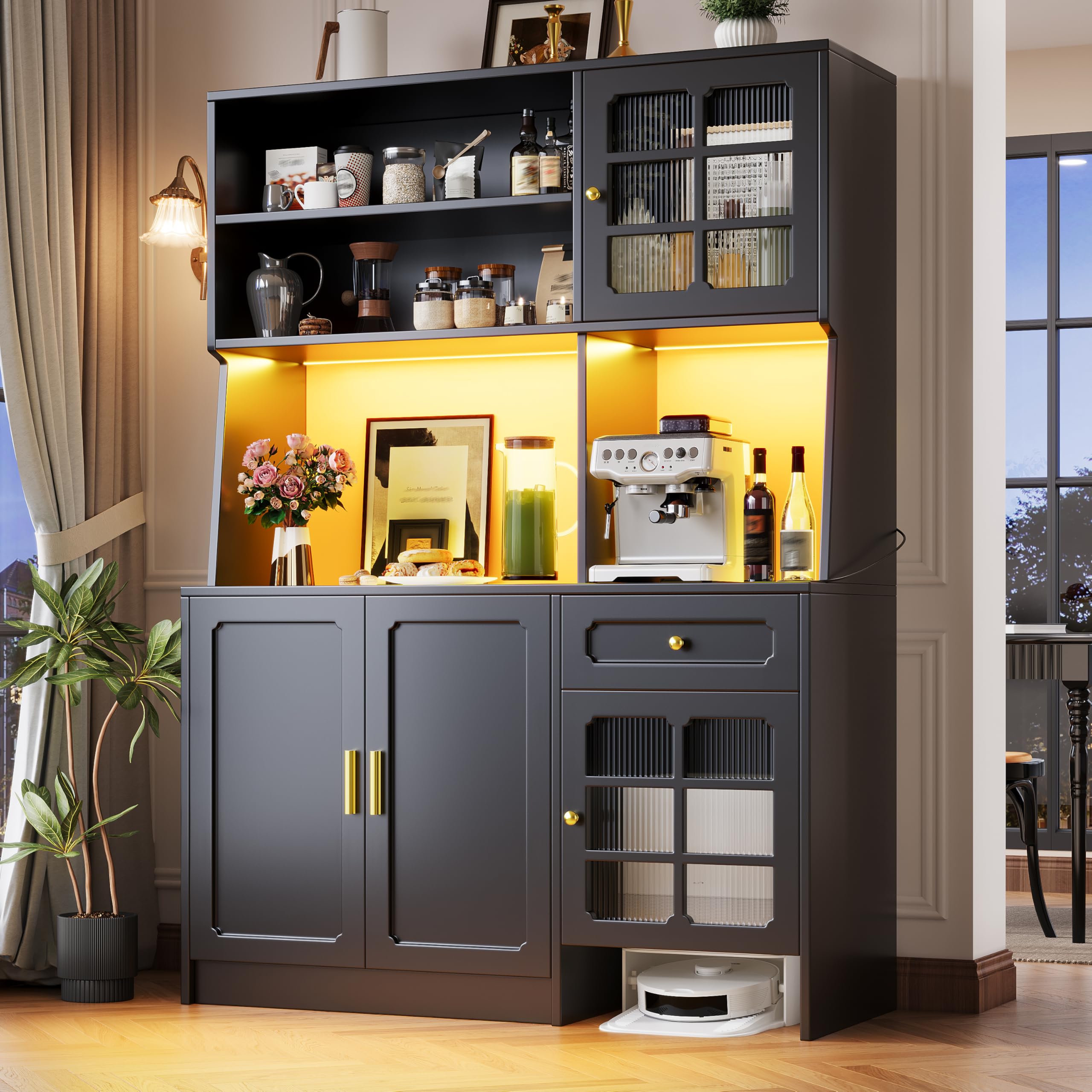 Kredens kuchenny z MDF, szklane drzwi i LED, czarny, 130 x 45 x 180 cm