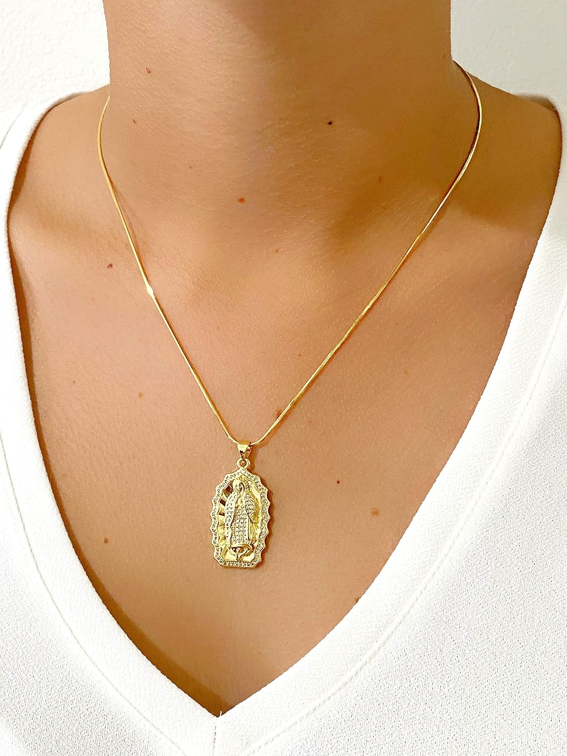 LESLIE BOULES Guadalupe 18K Gold Plated Pendant Necklace for Women Snake Chain Religious Jewelry