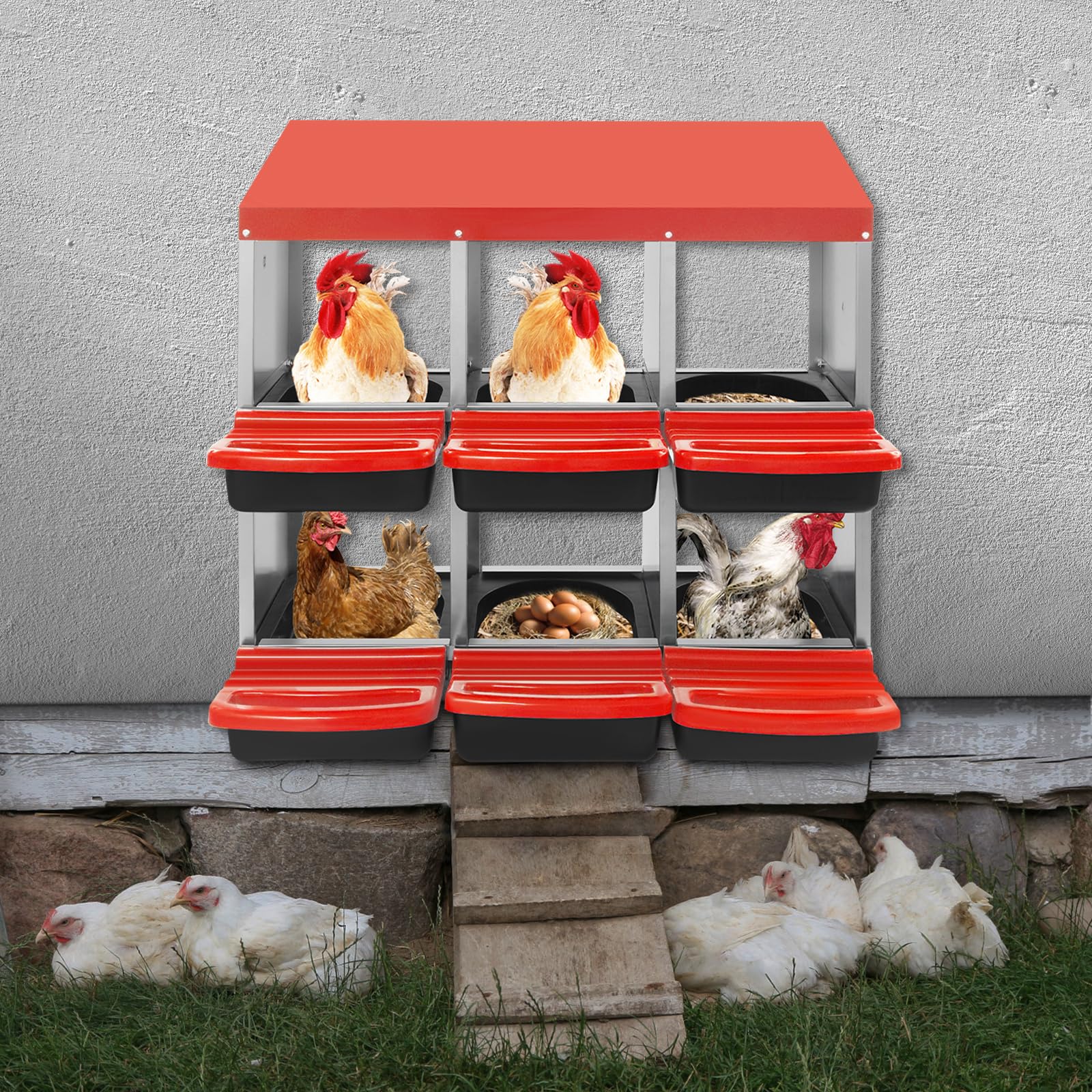 Nido de colocación para gallinas montado en la pared | nido de rodadura para gallinas | nido de pollo | 6 compartimentos nido de pollo para gallinas, patos y otras aves de corral, rojo, 81 x 52 x 79
