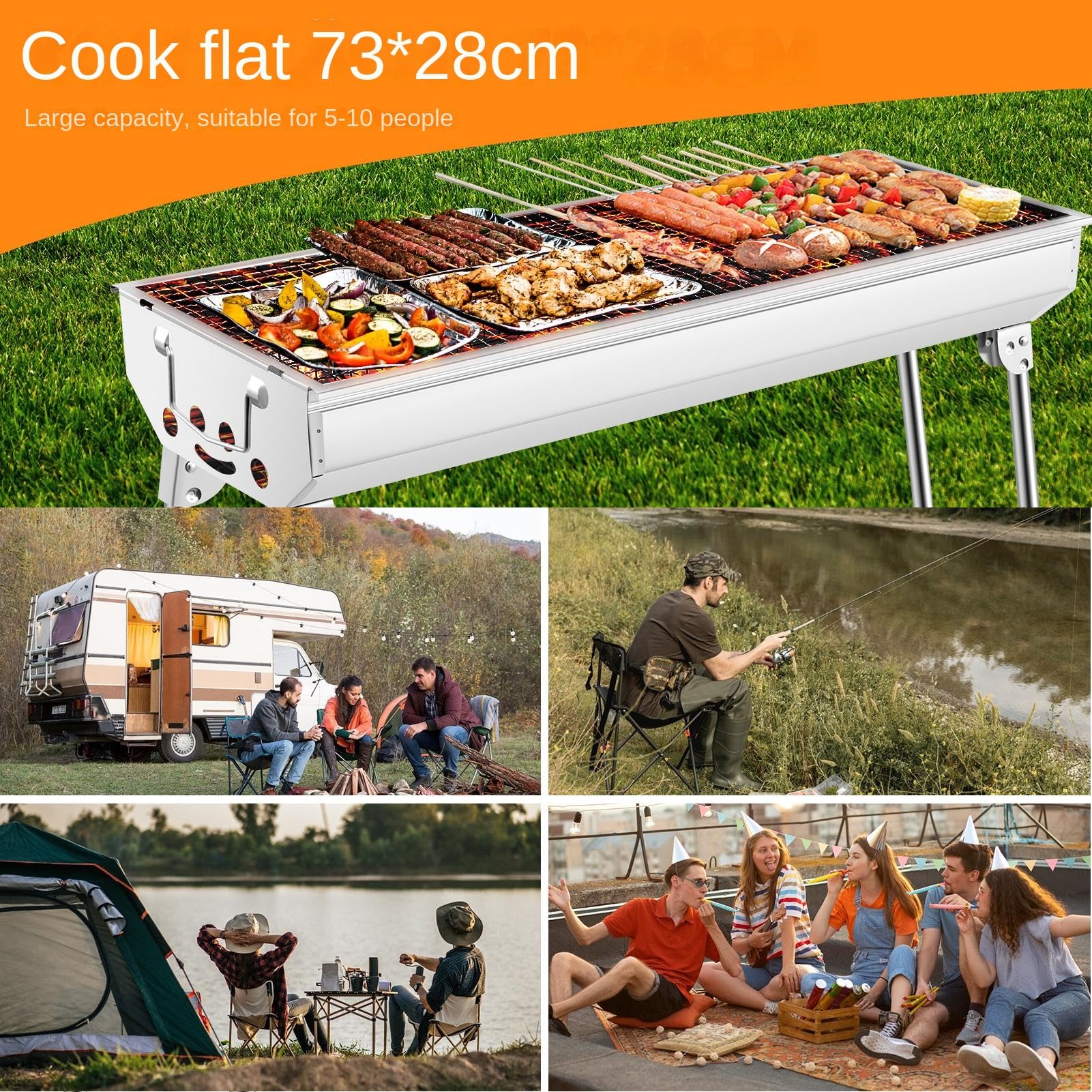 Barbacoa de carbón plegable de acero inoxidable, portátil, con asa, para 8 personas, ideal para camping, jardín, terraza y pícnic, superficie de la parrilla aprox. 73 x 28 x 74 cm