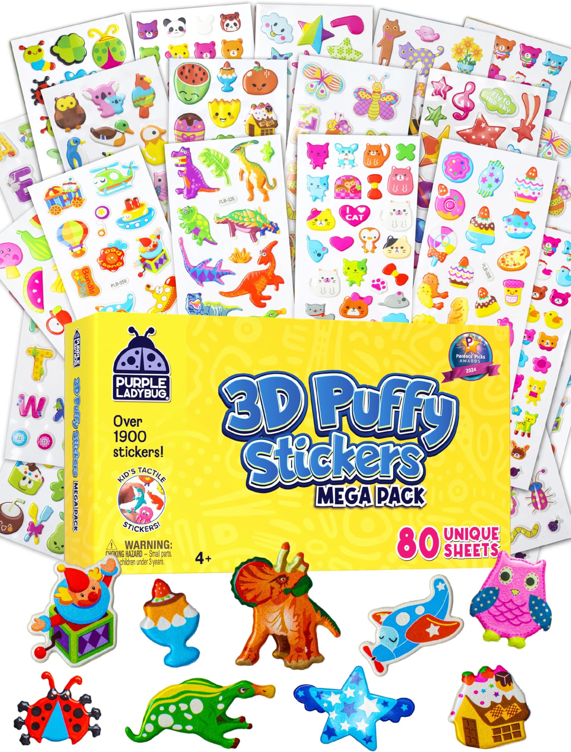 Purple Ladybug 1900+ Puffy Sticker Collection for Kids 4-8 - 80 Unique Reusable Sheets, Creative 3D Designs - Reward Stickers, Arts & Crafts Set, Travel Activities, Road Trip Essentials & Toys