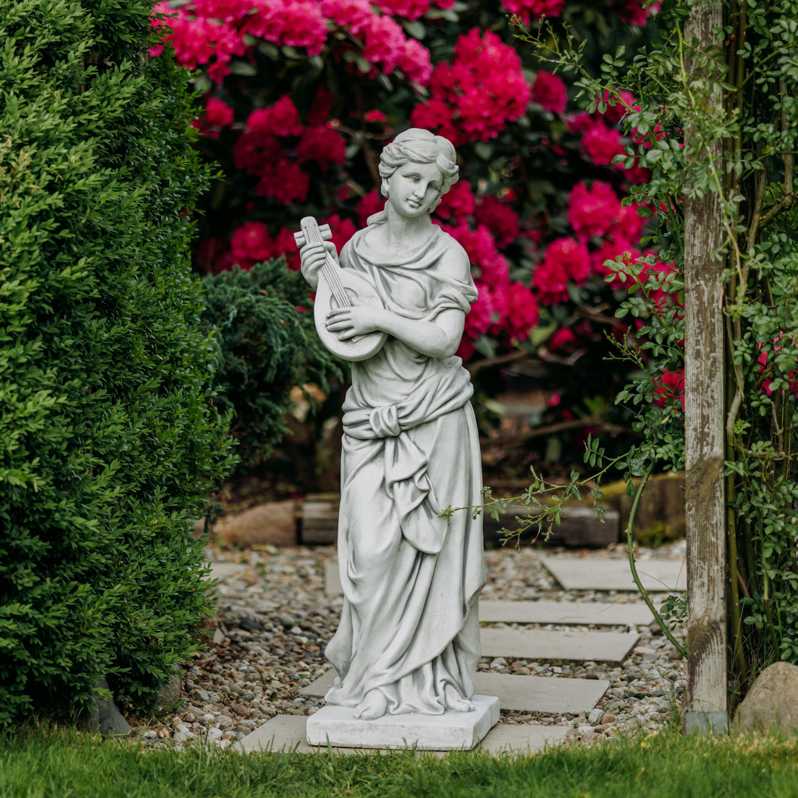 gartendekoparadies.de Statue der Euterpe mit Mandoline, Steinfigur, H. 117 cm, 98 kg, Grau, frostsicher aus Steinguss für Außenbereich