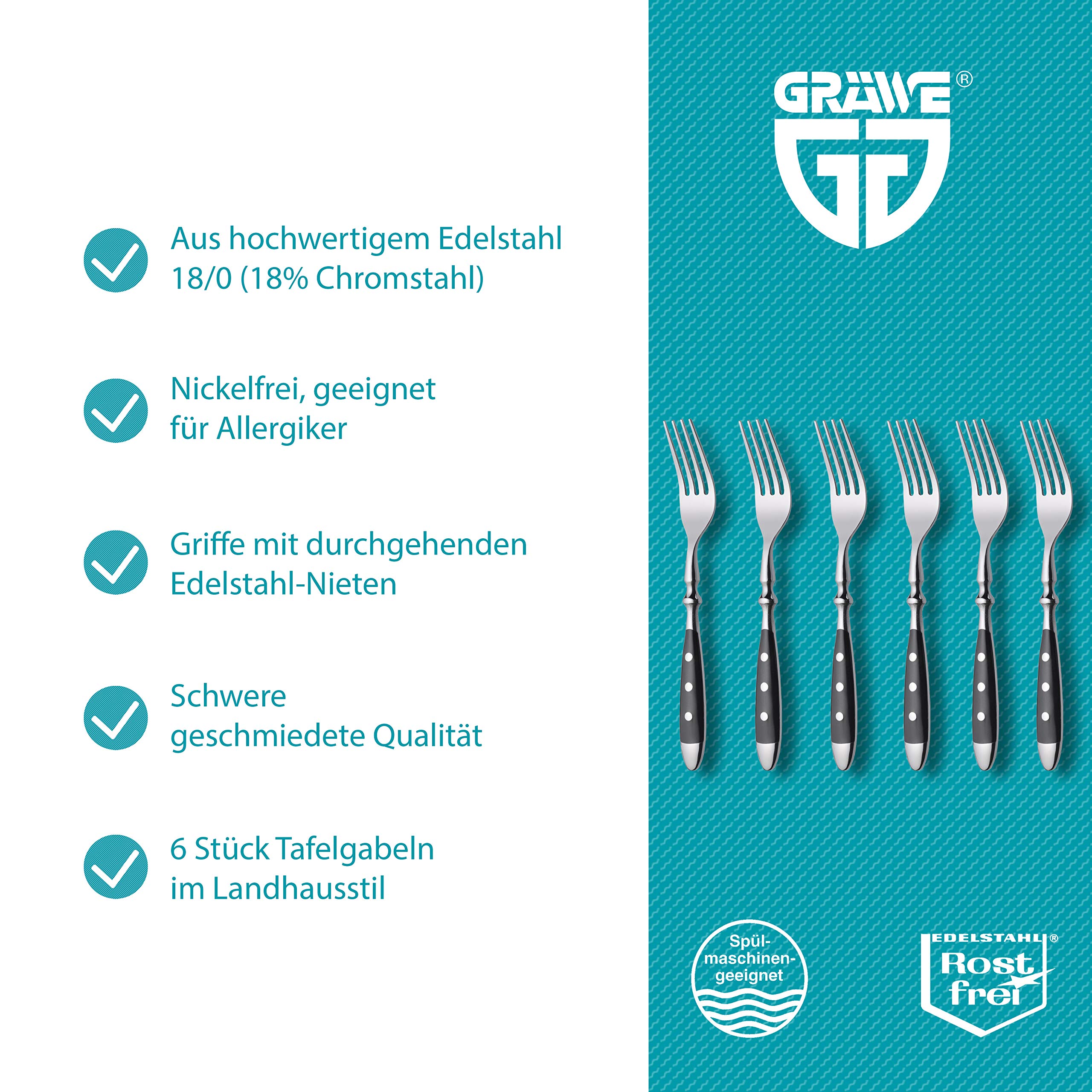 GRÄWE Tafelgabeln 6 Stück, Essgabel aus rostfreiem Edelstahl, handpoliert, spülmaschinengeeignet - Serie Nürnberg