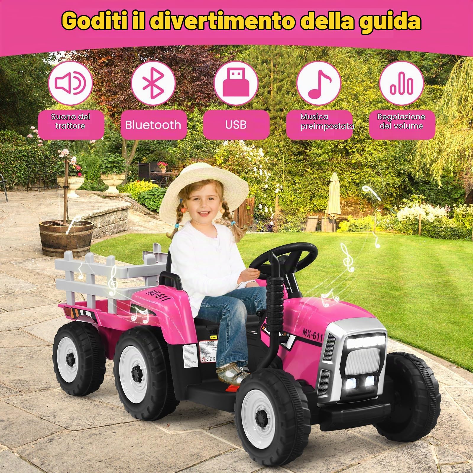 RELAX4LIFE Trattore Cavalcabile Elettrico per Bambini 12V a Batteria Ricaricabile con Telecomandato, Acceleratore a Pedale, Luci e Suoni e Rimorchio Rimovibile, 134 x 51 x 53 cm, Rosa