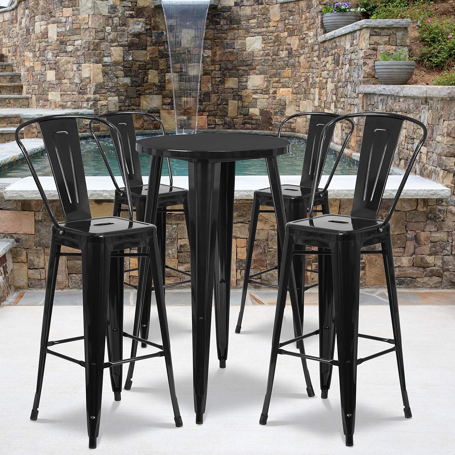 EMMA + OLIVER Commercial 24 Round Black Metal Indoor-Outdoor Bar Table Set-4 Cafe Stools