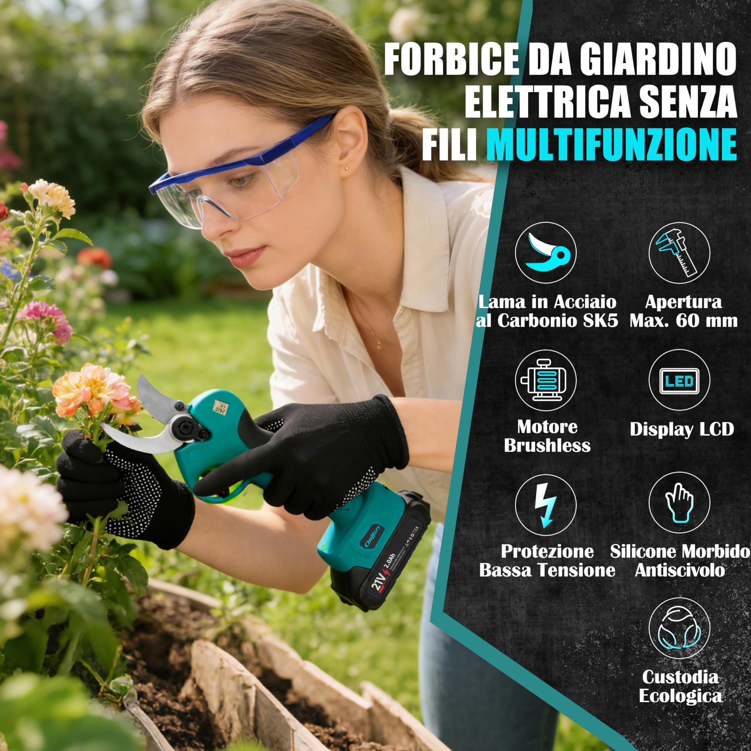 Forbici Potatura Elettriche, 60mm Cesoie Potatura Elettriche Professionali con Lama in Acciaio SK5 800W Motore Brushless Schermo LCD, Forbice Elettrica per Giardino Fattoria (Con Batteria)