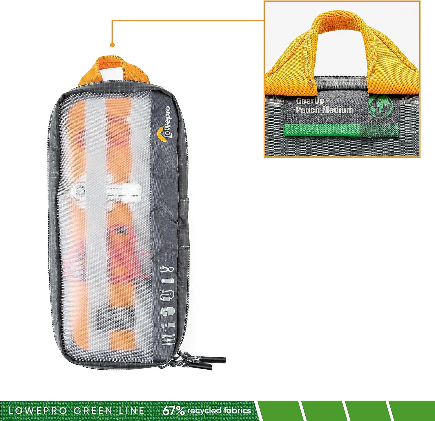 Lowepro GearUp Pouch Medium, Travel Essentials, Travel Case for PC Cords, Cables, Adapters, Batteries, Chargers, USB Sticks, Laptop Accessories, Made of Recycled Fabric, Grey