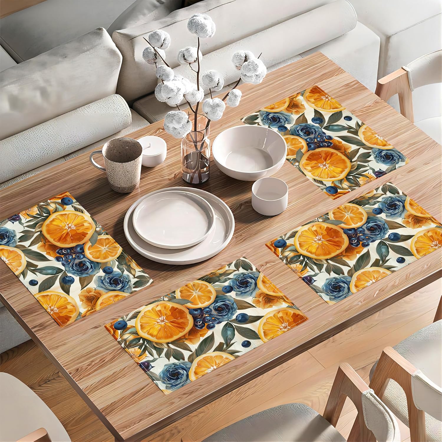 Orange Placemats Set of 6 Fruit Blueberry Rose Leaf Table Mats Washable Place Mats for Home Party Indoor Kitchen Dining Table Decoration 12x18 Inch
