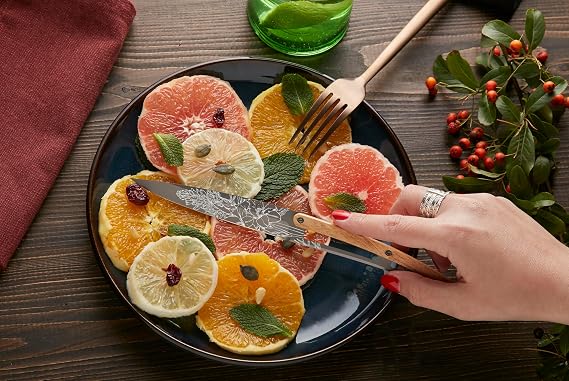 deejo - Set of 4 Steak Knives - Blossom Design, 9.55-Inch, Stainless Steel Blade, Mirror Finish, Olive Wood Handle - 2 oz Non-Folding Stunning Table Knives