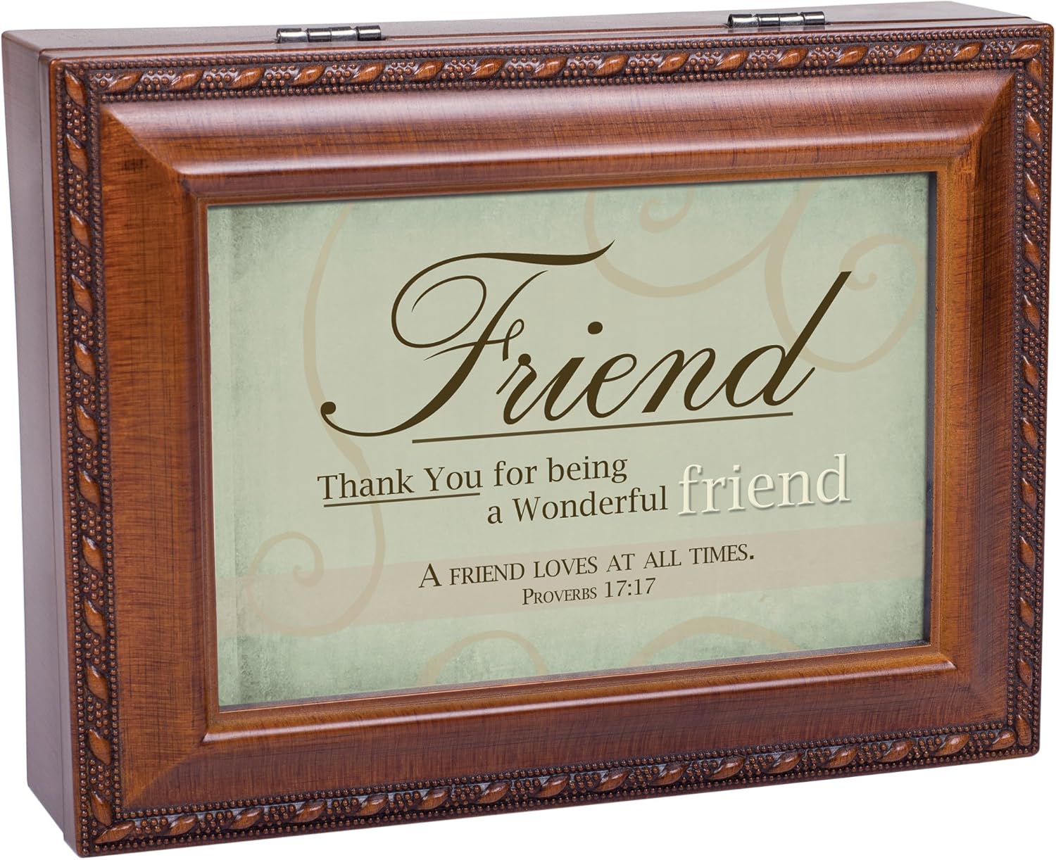 Cottage Garden Thank You for Being a Friend Woodgrain Rope Trim Jewelry Music Box Plays Friend in Jesus