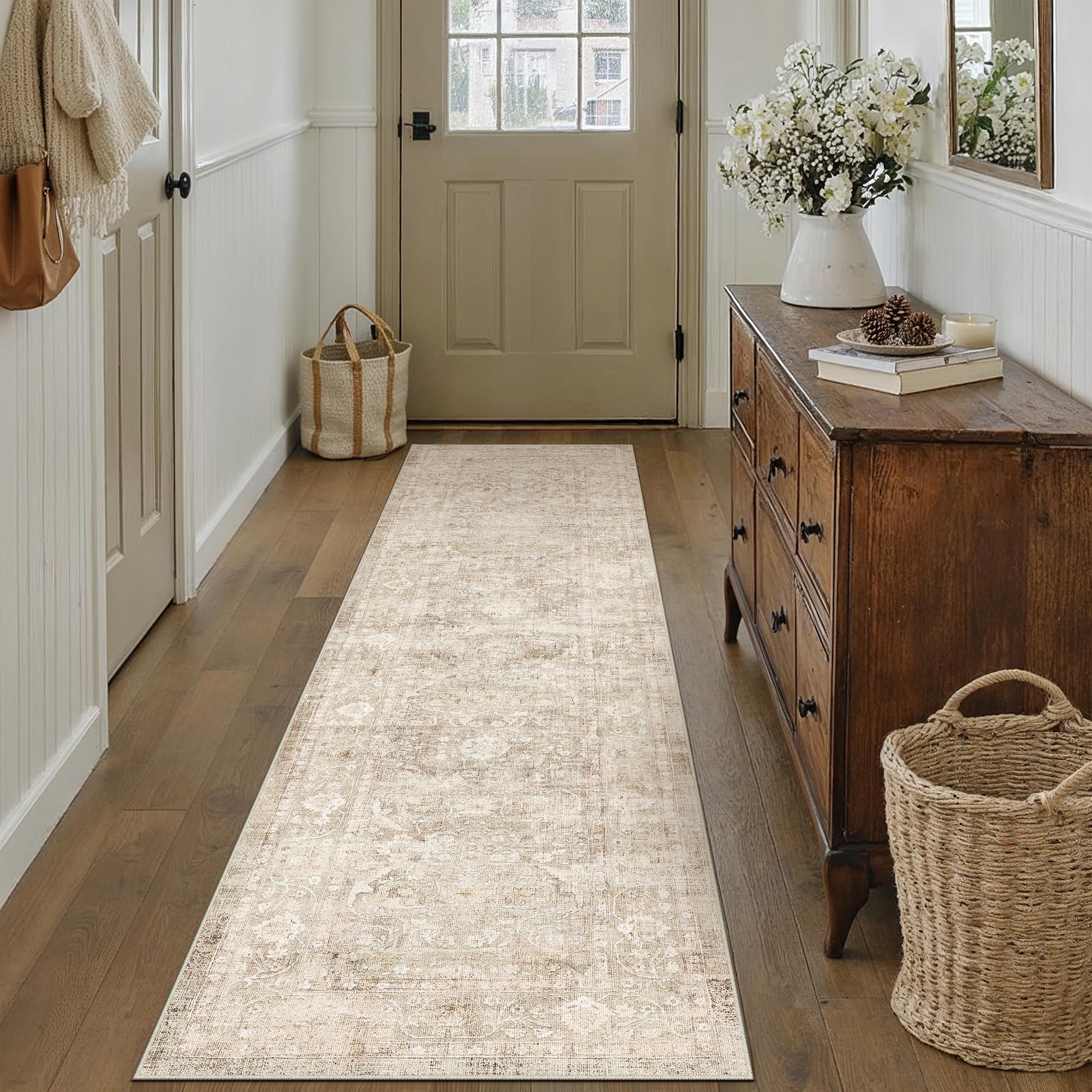 PureCozy Beige Hallway Runner Rugs 60x240cm Vintage Soft Area Rug — image 1