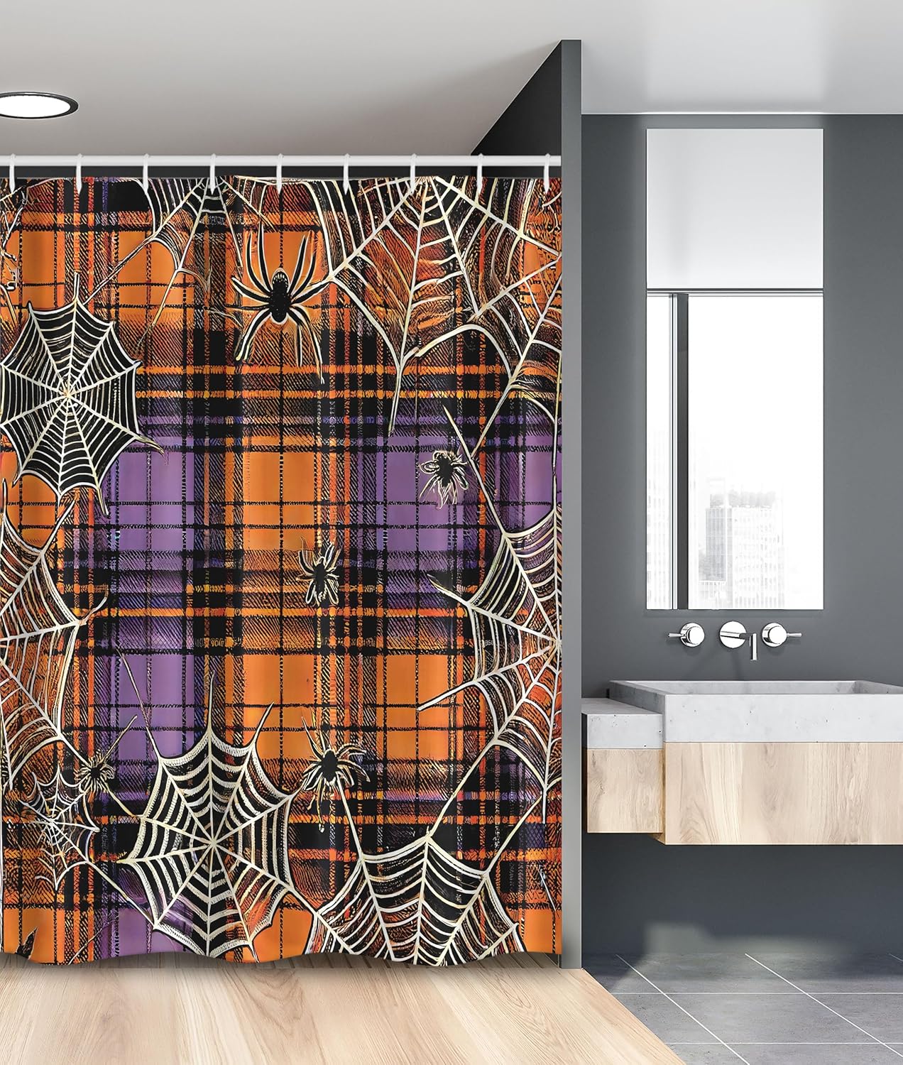 Ambesonne Halloween Stall Shower Curtain, Rustic Horror Themed Classic Autumn Tones Buffalo Plaid with Spiders, Fabric Bathroom Decor Set with Hooks, 54" W x 78" L, Apricot Lilac Dark Grey