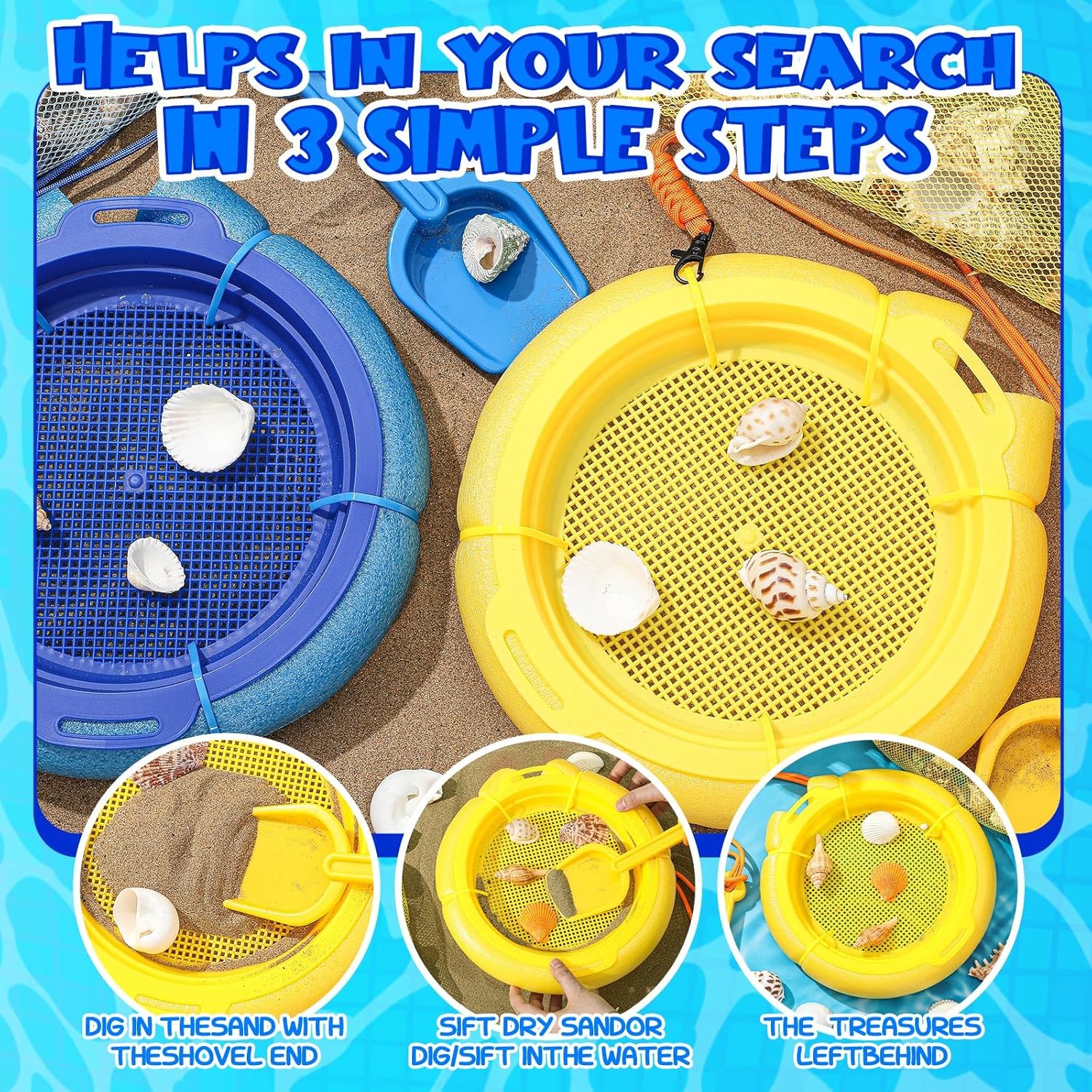 Roshtia 6 Pcs Shark Tooth Sifter Set Lightweight Sand for Teeth Seashell Hunting Beach Floating Beach Sifter with Mesh Screen, Shovel, Seashell Bag for Outdoor Digging