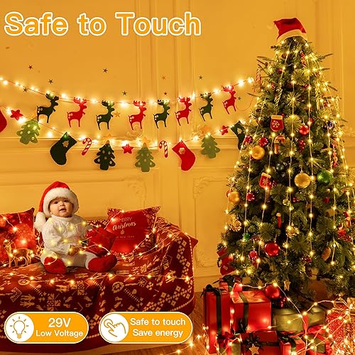 Miniatura 7 de Ollny Luces de Navidad de color blanco cálido, 600 LED de 197 pies, luces de árbol de Navidad IP67 impermeables, luces de hadas enchufables