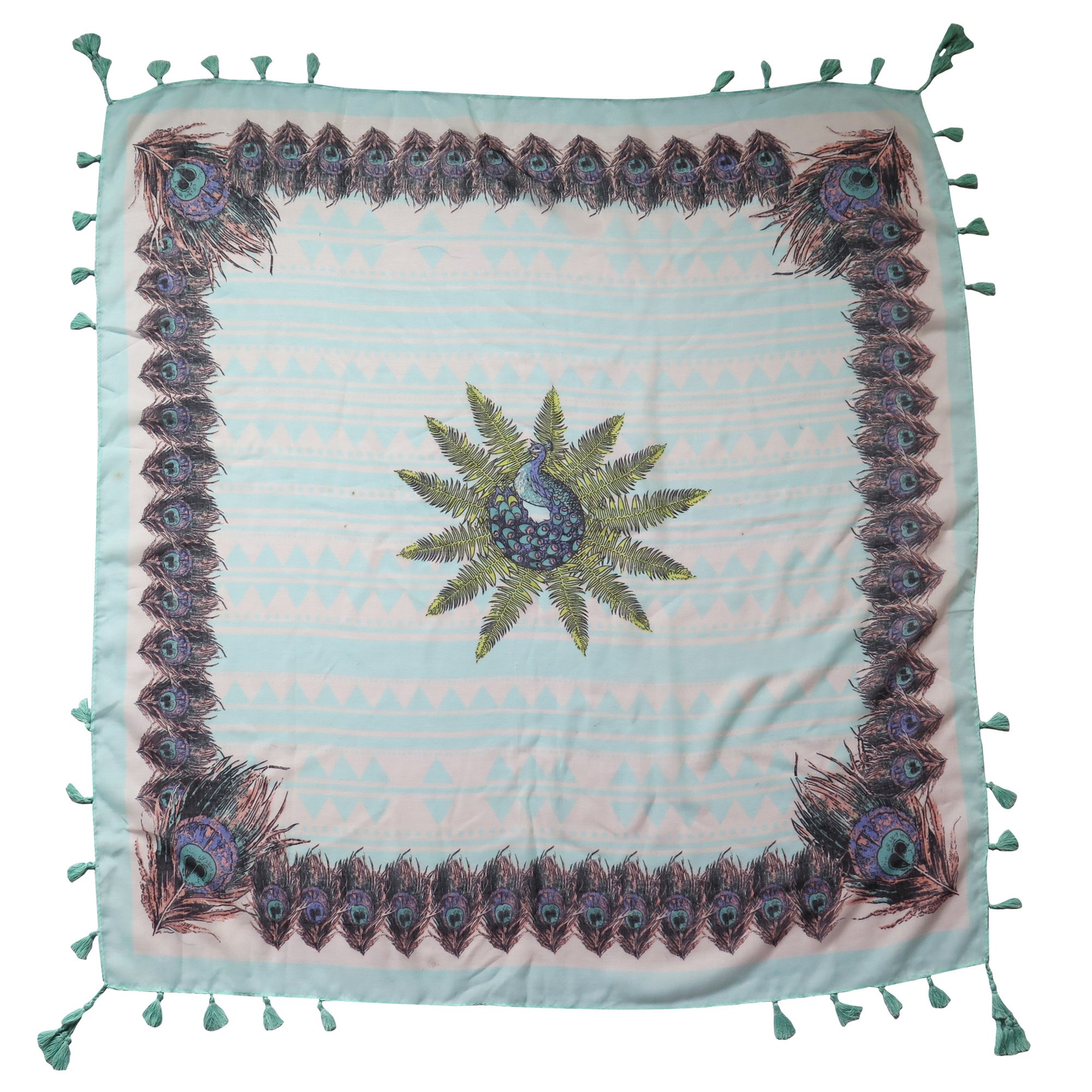 Lina & Lily Women's Peacock Geometric - Aqua Multi-Patterns Flower Geometric Tribal Aztec Paisley Print Square Scarf Shawl With Tassels (Peacock Geometric - Aqua)
