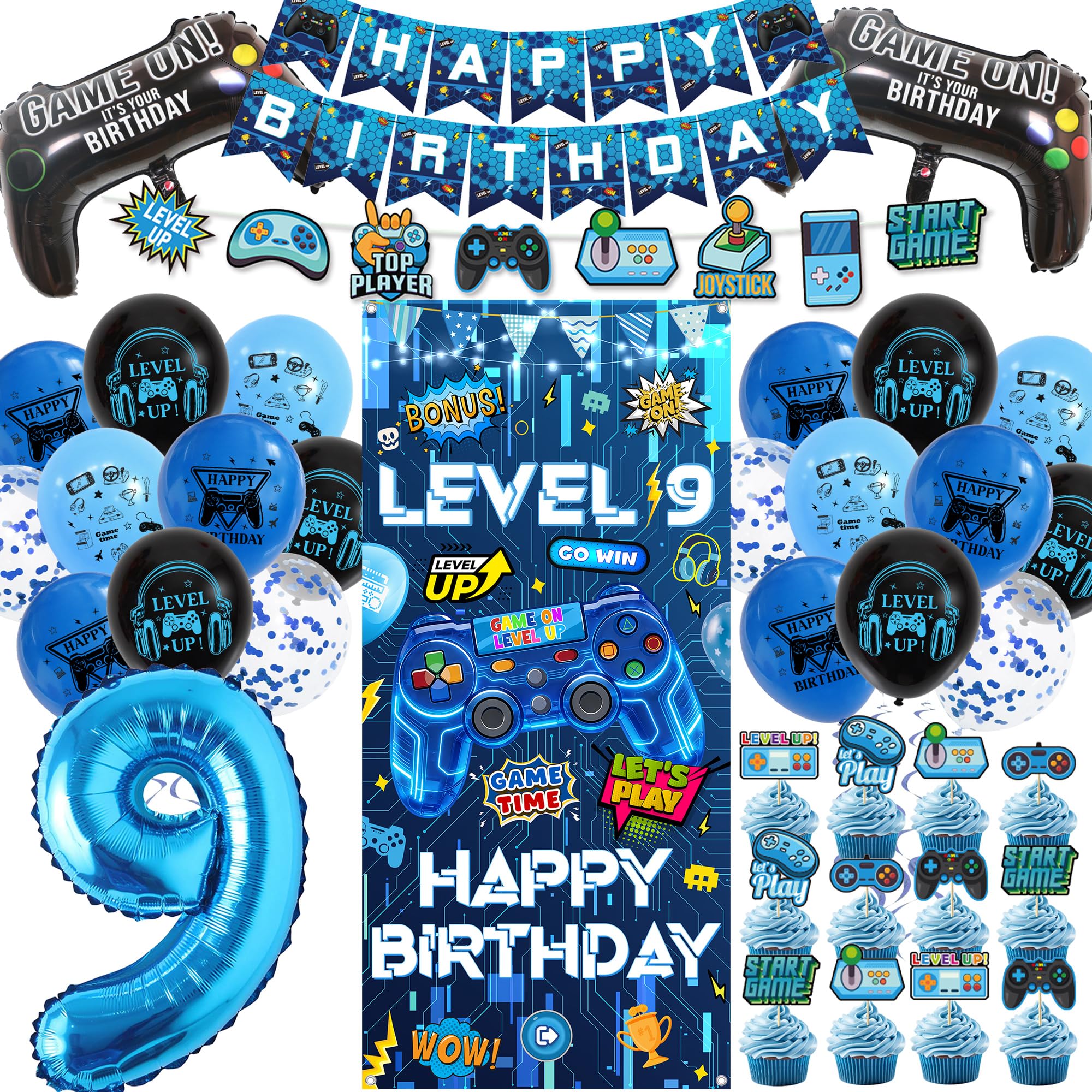 Blue Gaming 9th Birthday Decorations, Video Game Door Banners Set