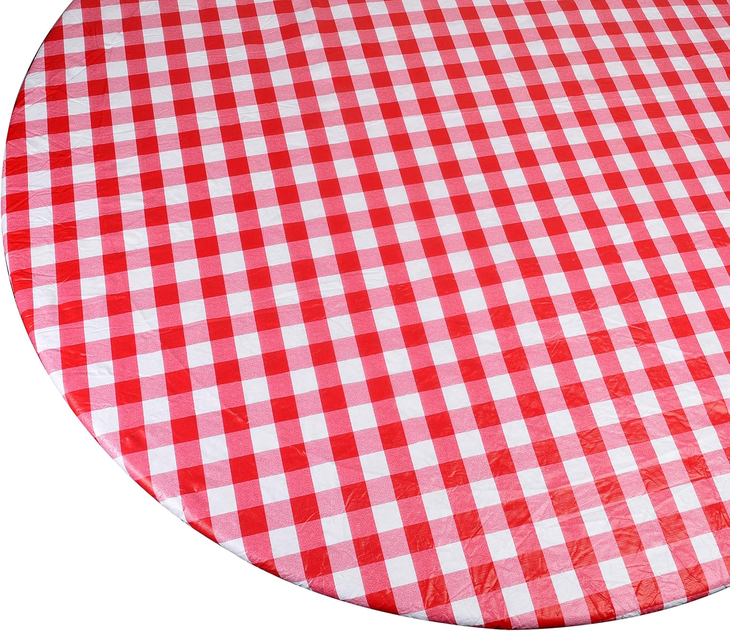 Round Vinyl Table Cover, Flannel Backed with Fitted Elastic Edge - Fits Tables 40" - 44" Diameter - Red and White Plaid Checkered Tablecloth