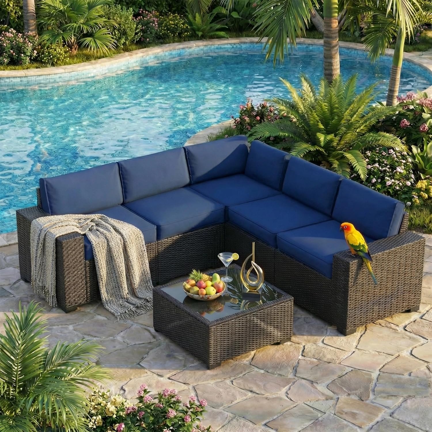 6 Pieces Wide Armrest Patio Furniture Set, Rattan Sectional Furniture with Thickened Cushions, Outdoor Patio Conversation Sets for Backyard, Poolside, Garden, Navy Blue/Brown, Sets of 6