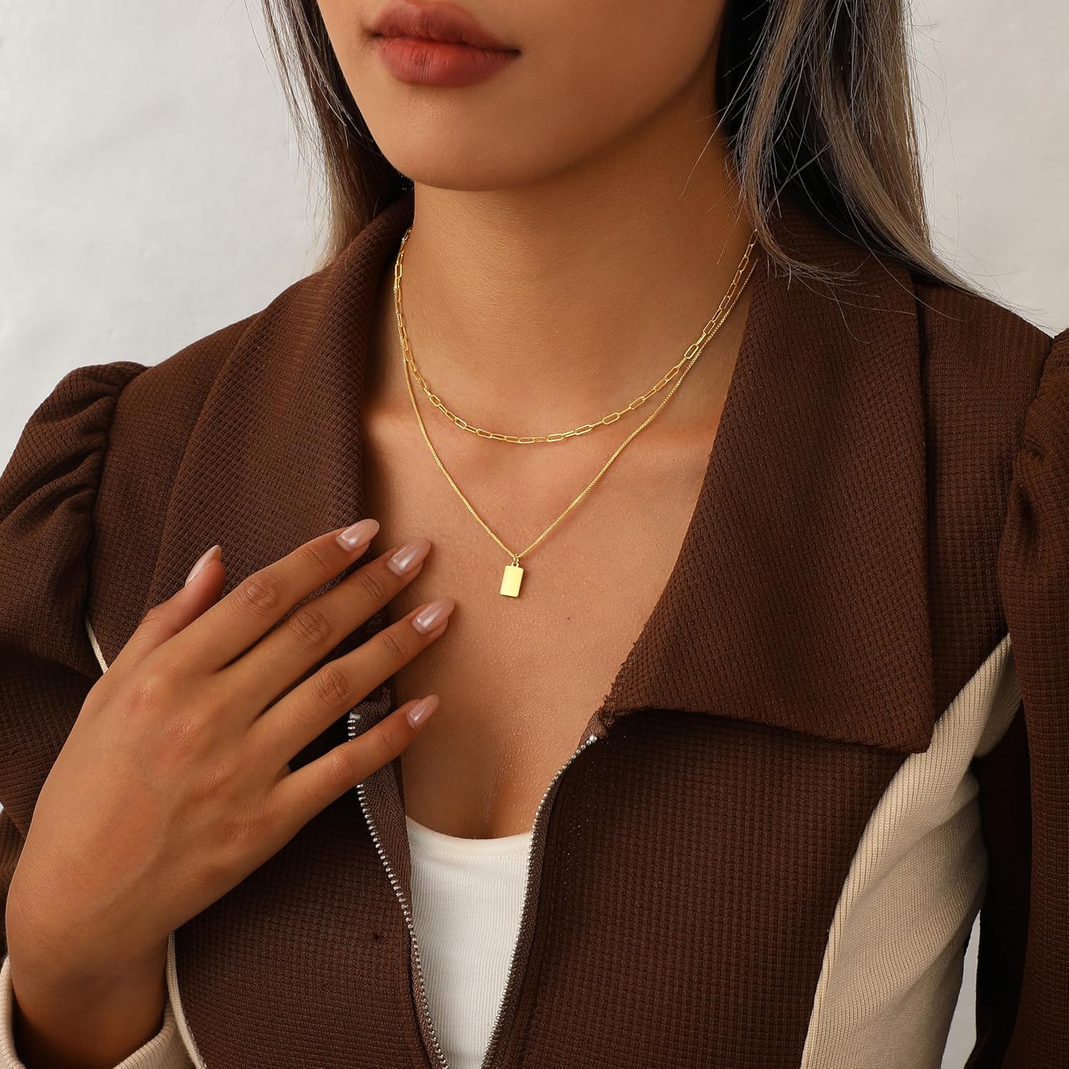 Dainty Gold Layered Necklace for Women,14k Gold Plated Paperclip Link Chain Cross Bar Heart Tag Cubic Zirconia Pendant Necklace Set,Gold Jewelry Gift for Women - Image 2