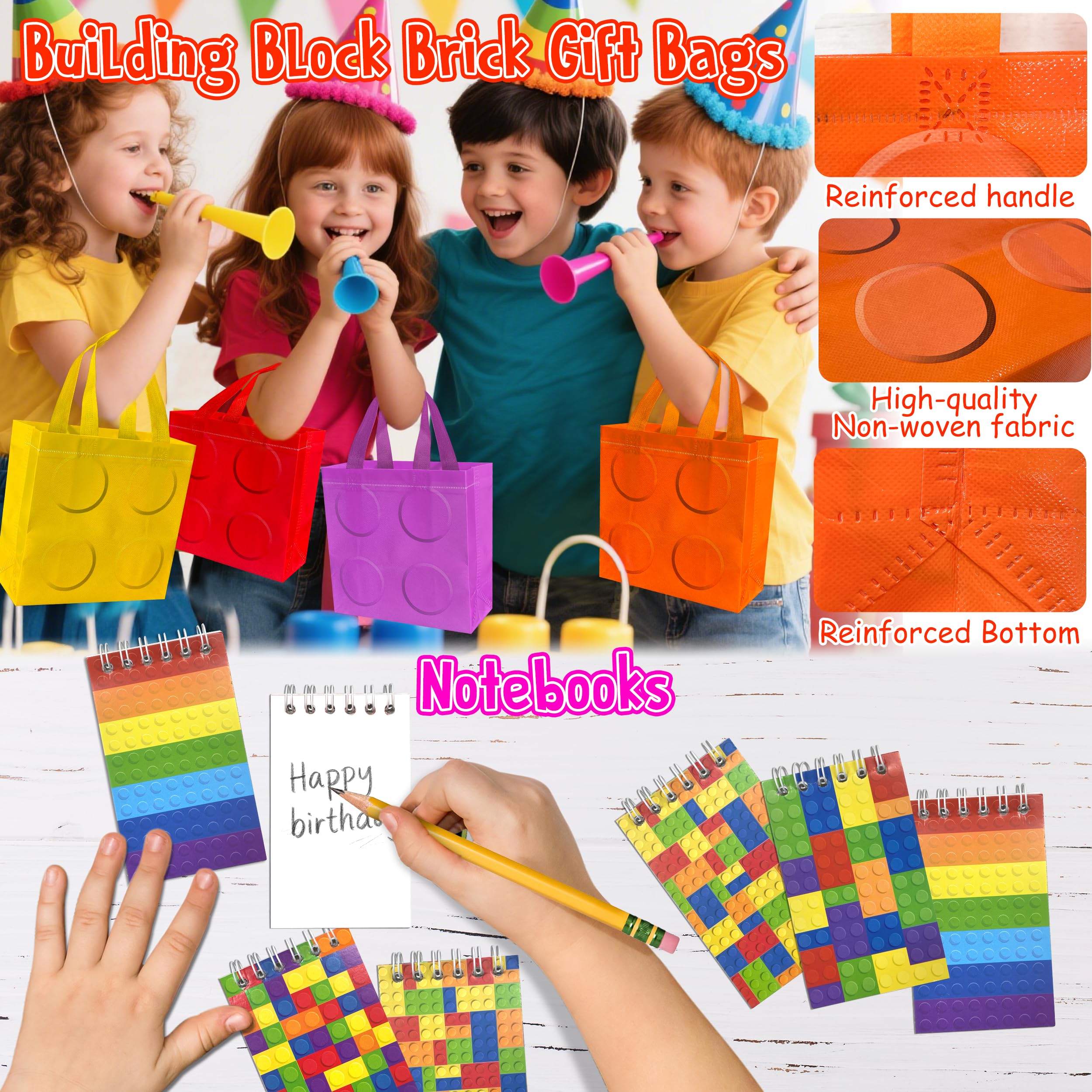 LINAYE 12 Packs Building Blocks Party Favors - 122 Pcs Birthday Party Favors Supplies with Goodie Bags, Animals Building Blocks, Notebooks, Tattoo Stickers Sheets Gift Bag Stuffers for Kids