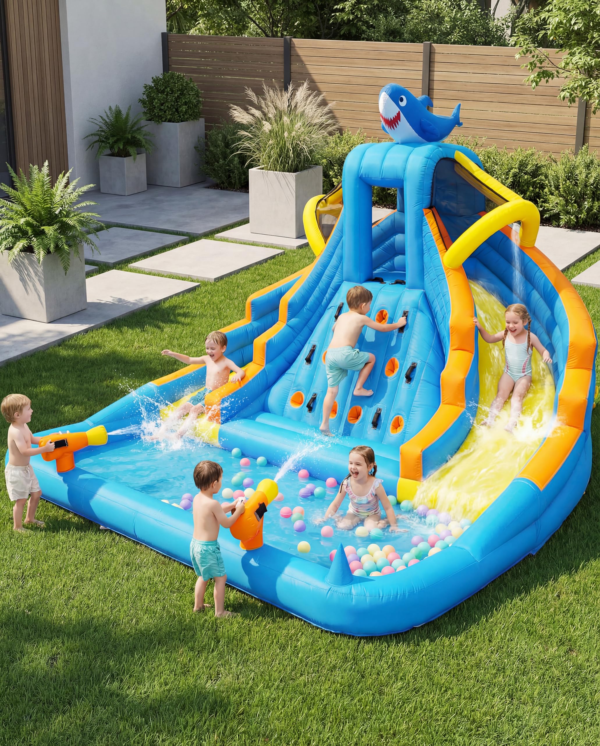 Parque acuático inflable para niños, tobogán de doble carril al aire libre de 4 m con piscina de salpicaduras, pared de escalada, cañones de agua y soplador de 680 W, juego en el patio trasero para