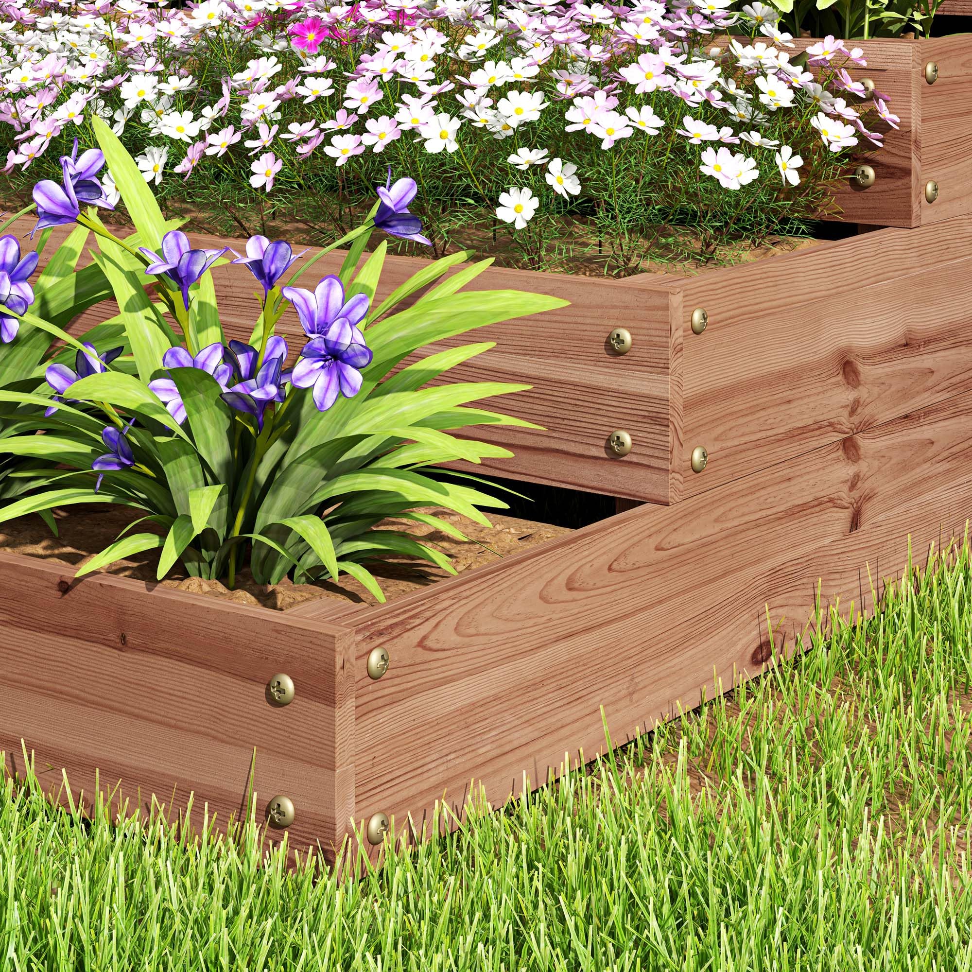 Outsunny Orto Rialzato da Esterno a 4 Livelli in Legno di Abete, Fioriera da Balcone con Fondo Aperto e Fodera in Tessuto, per Piante, Fiori e Verdure, per Giardino Balcone, 113x113x46 cm, Caffè Scuro