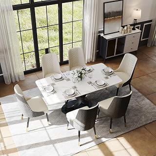 POVISON Modern Dining Table, Rectangular Dining Room Table for 6-8, Sintered Stone Tabletop, Solid X-Shape Carbon Steel Base, 71" Dining Tables for Kitchen & Dining