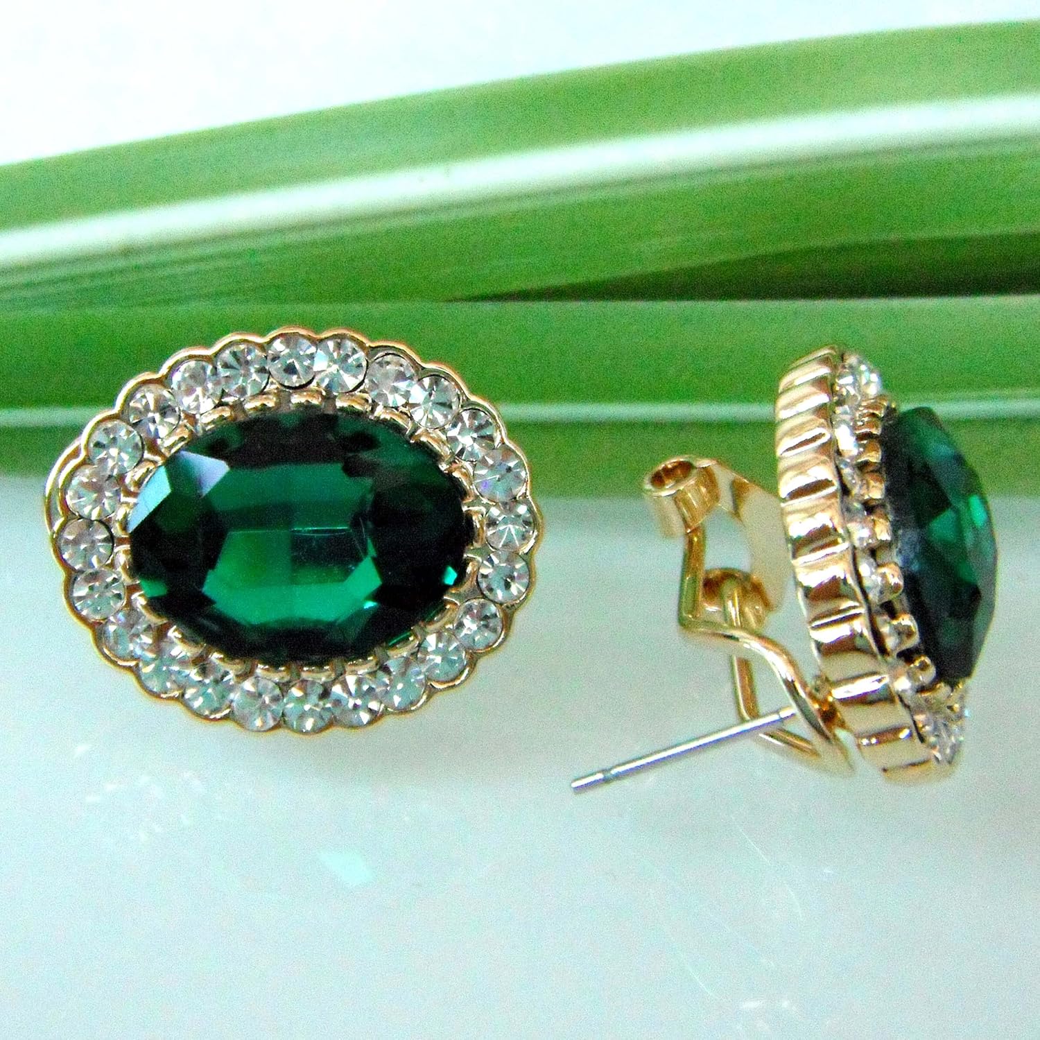 Navachi 18k Gold Plated Multicolor Oval Zircon White Crystal Oval-Shape Omega Back Stud Earrings - Image 3