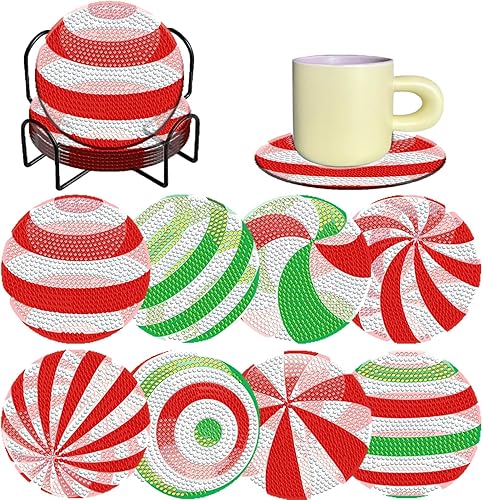 Juego de 8 posavasos de diamantes de caramelo 3D con soporte, posavasos de arte de diamantes 3D para adultos, suministros para regalo de Navidad